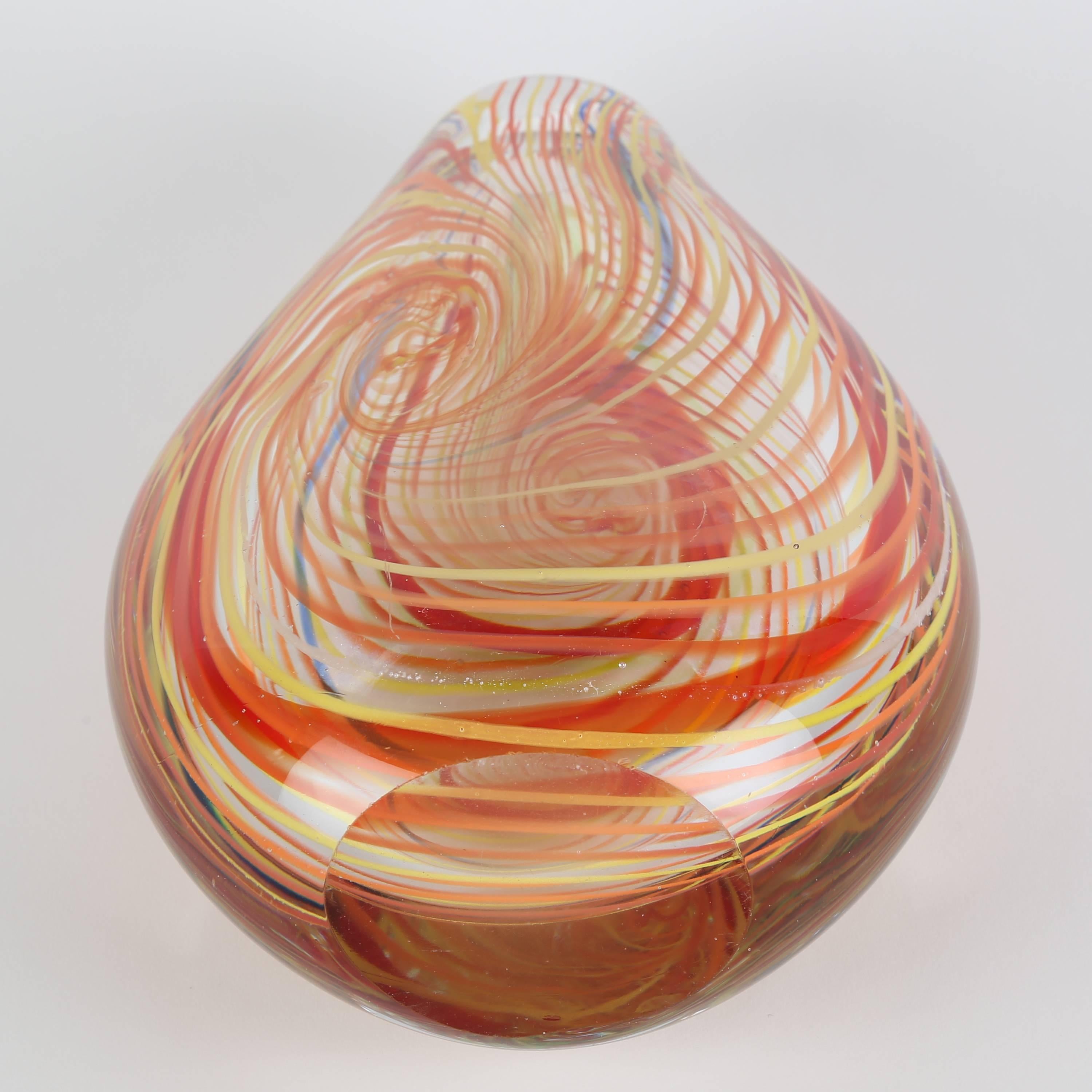 Blown Glass Murano 1960s Art Glass Vase with Swirls of Orange, Red, Yellow and Blue