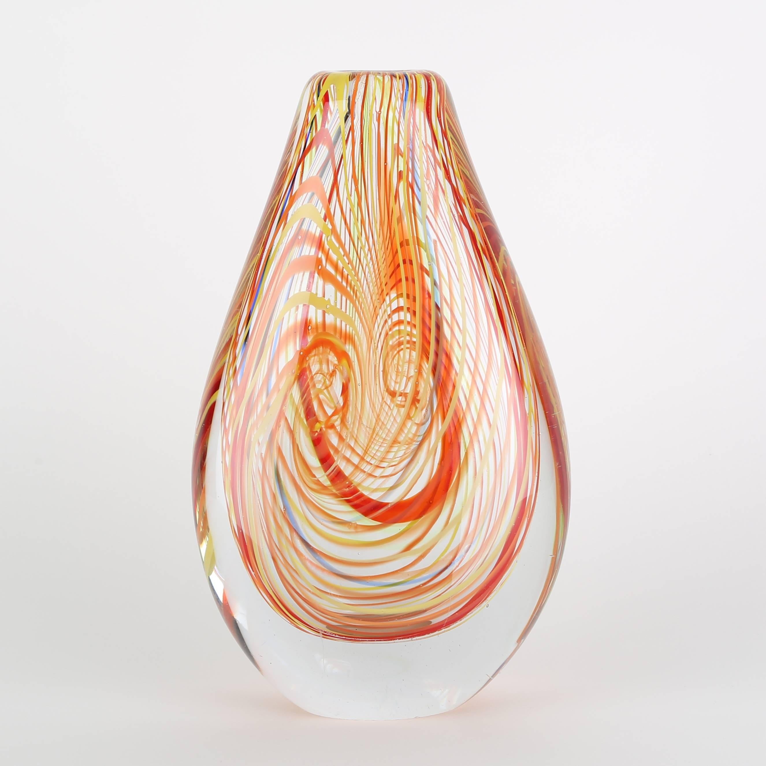 Italian Murano 1960s Art Glass Vase with Swirls of Orange, Red, Yellow and Blue