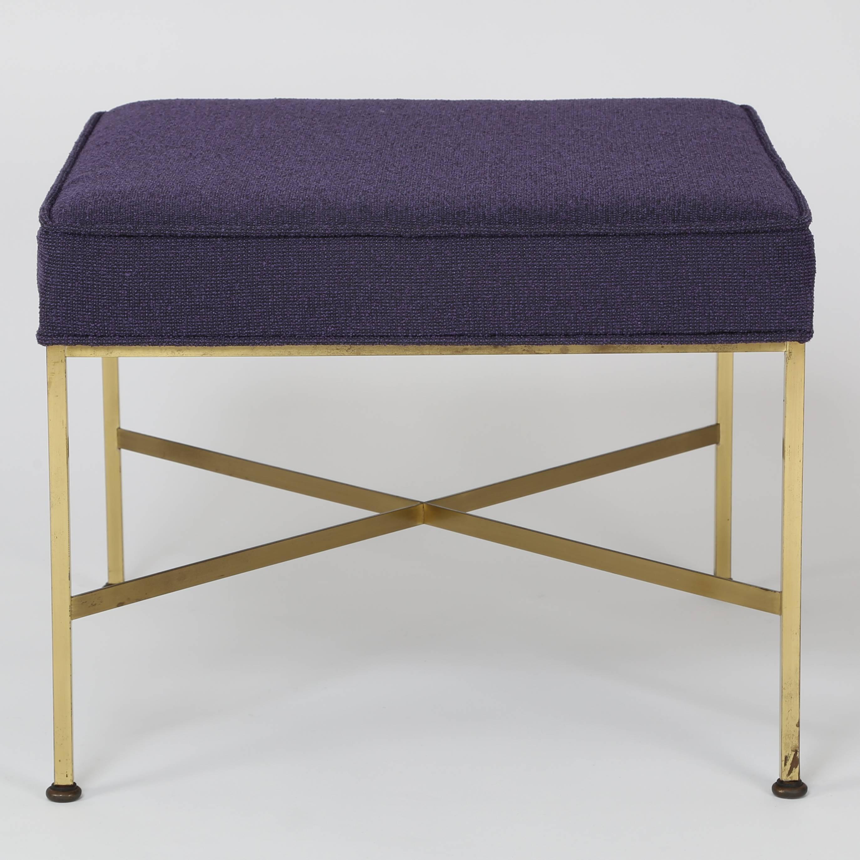 Paul McCobb for Calvin X-base stool with square tubular brass legs, flat brass stretchers and as-found woven eggplant upholstery in good condition. This item is in our Brooklyn showroom.