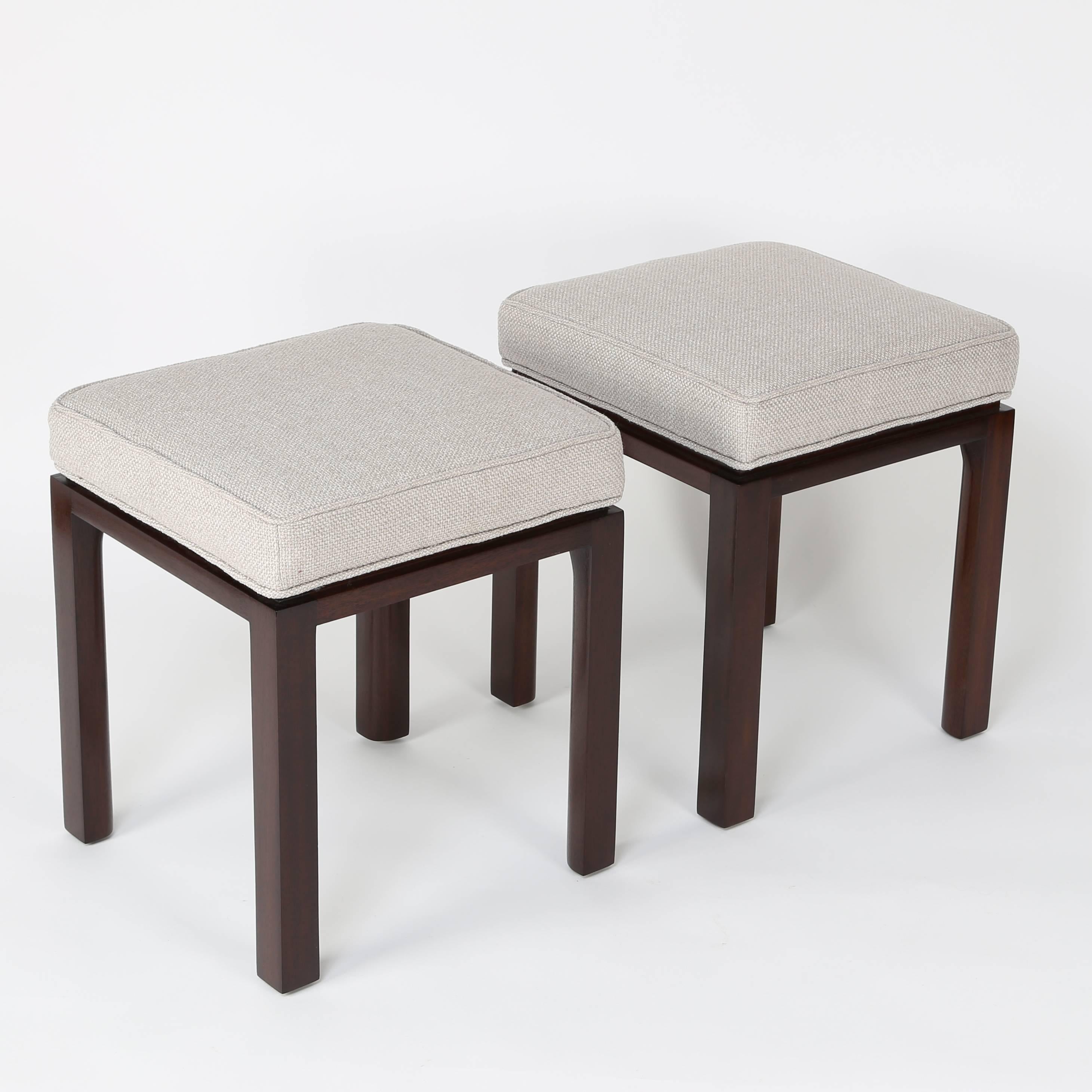 Set of four Harvey Probber stools with mahogany bases, newly refinished and reupholstered in a soft oatmeal-color woven fabric. Fabric swatch available. 

See this item in our Brooklyn showroom, 61 Greenpoint Ave., Suite 312, Brooklyn, 11 a.m. to 5