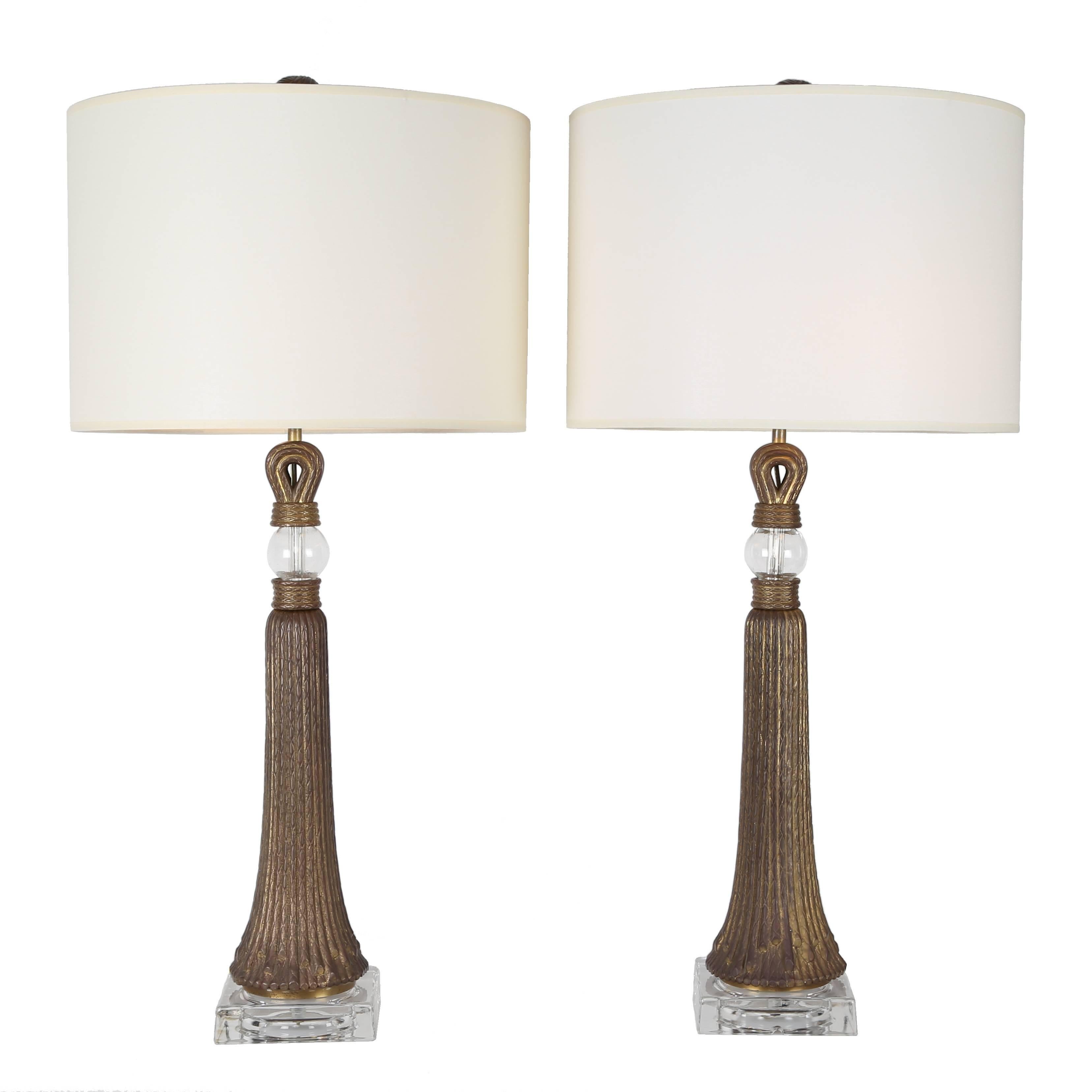 Pair of High Deco Bronze and Glass Tassel Lamps For Sale
