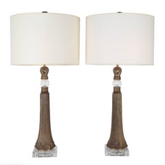 Pair of High Deco Bronze and Glass Tassel Lamps