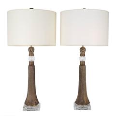 Pair of High Deco Bronze and Glass Tassel Lamps 12