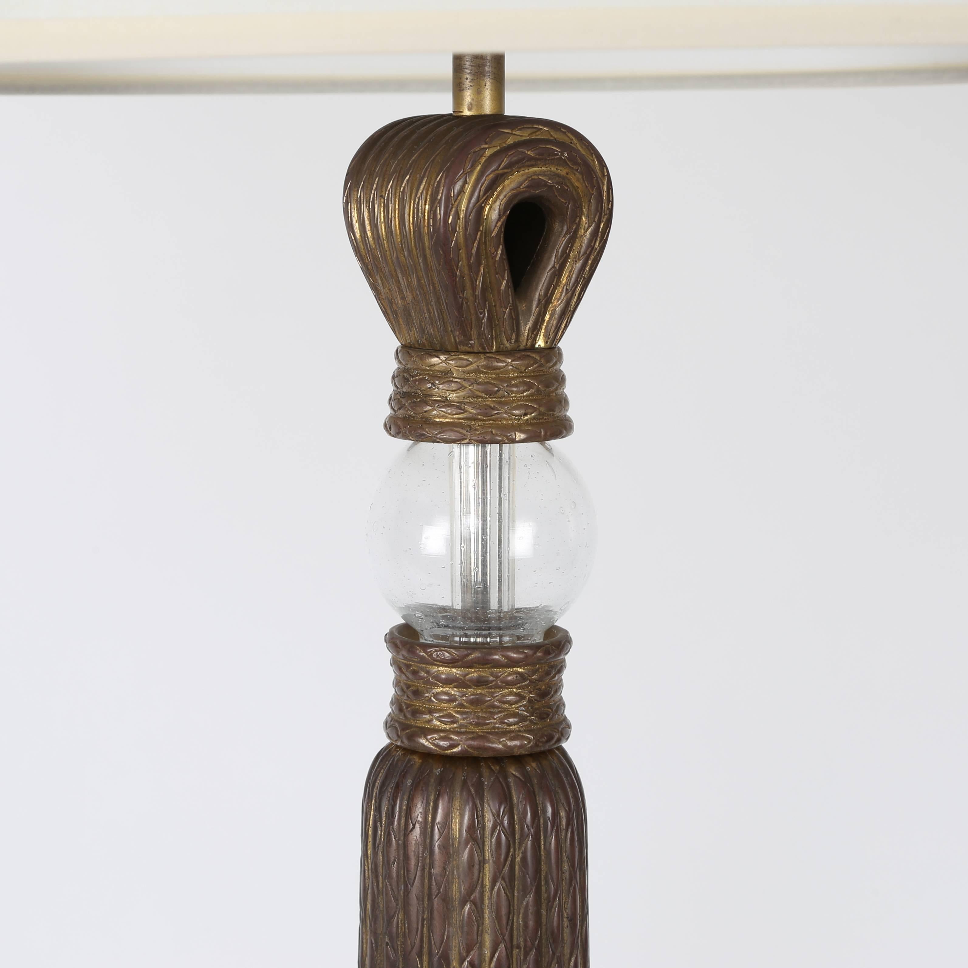 Cast Pair of High Deco Bronze and Glass Tassel Lamps For Sale