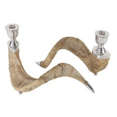Pair of Ram's Horn and Silver Candle Holders
