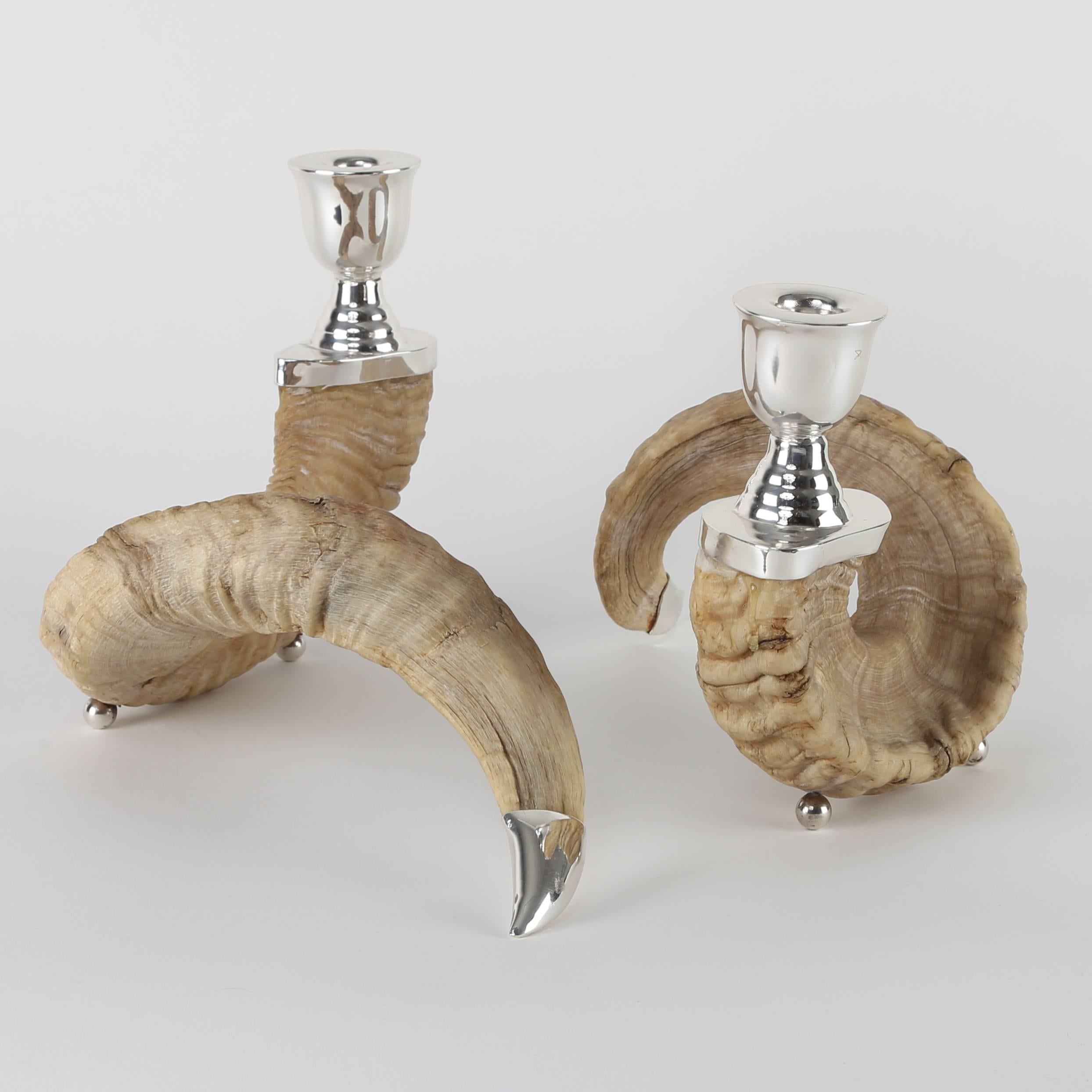 Silver Plate Pair of Ram's Horn and Silver Candle Holders
