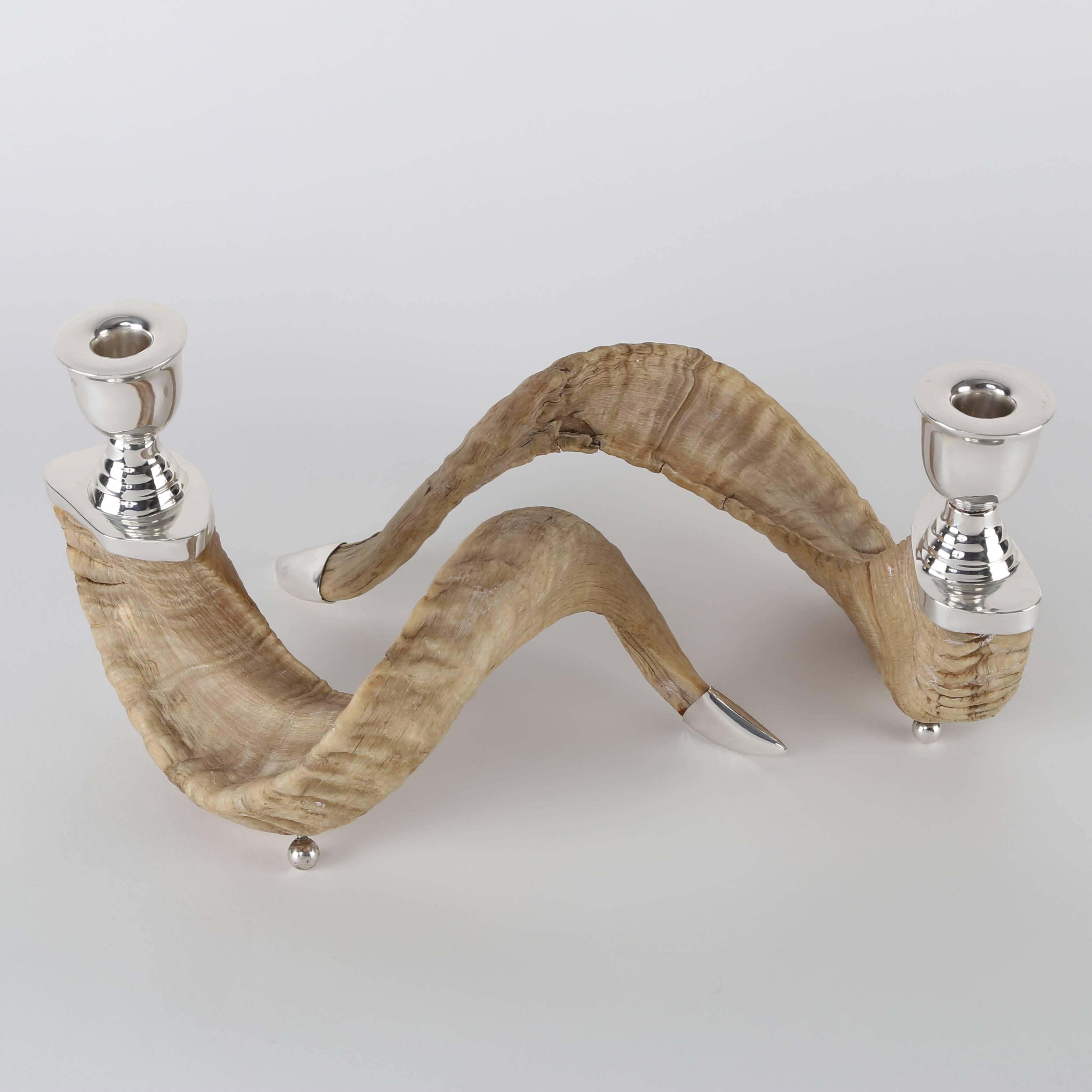 Mexican Pair of Ram's Horn and Silver Candle Holders
