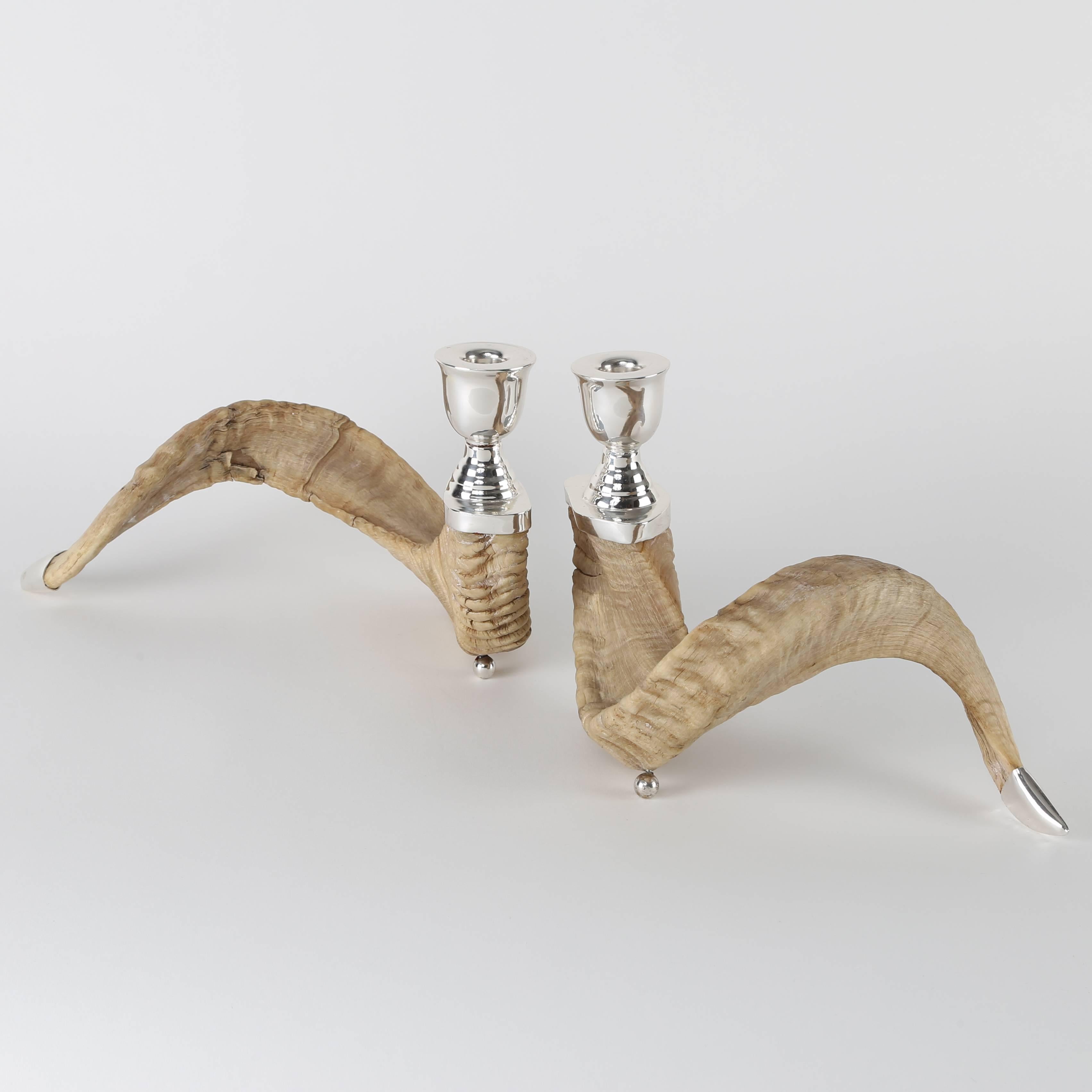 Pair of Ram's Horn and Silver Candle Holders In Excellent Condition In Brooklyn, NY