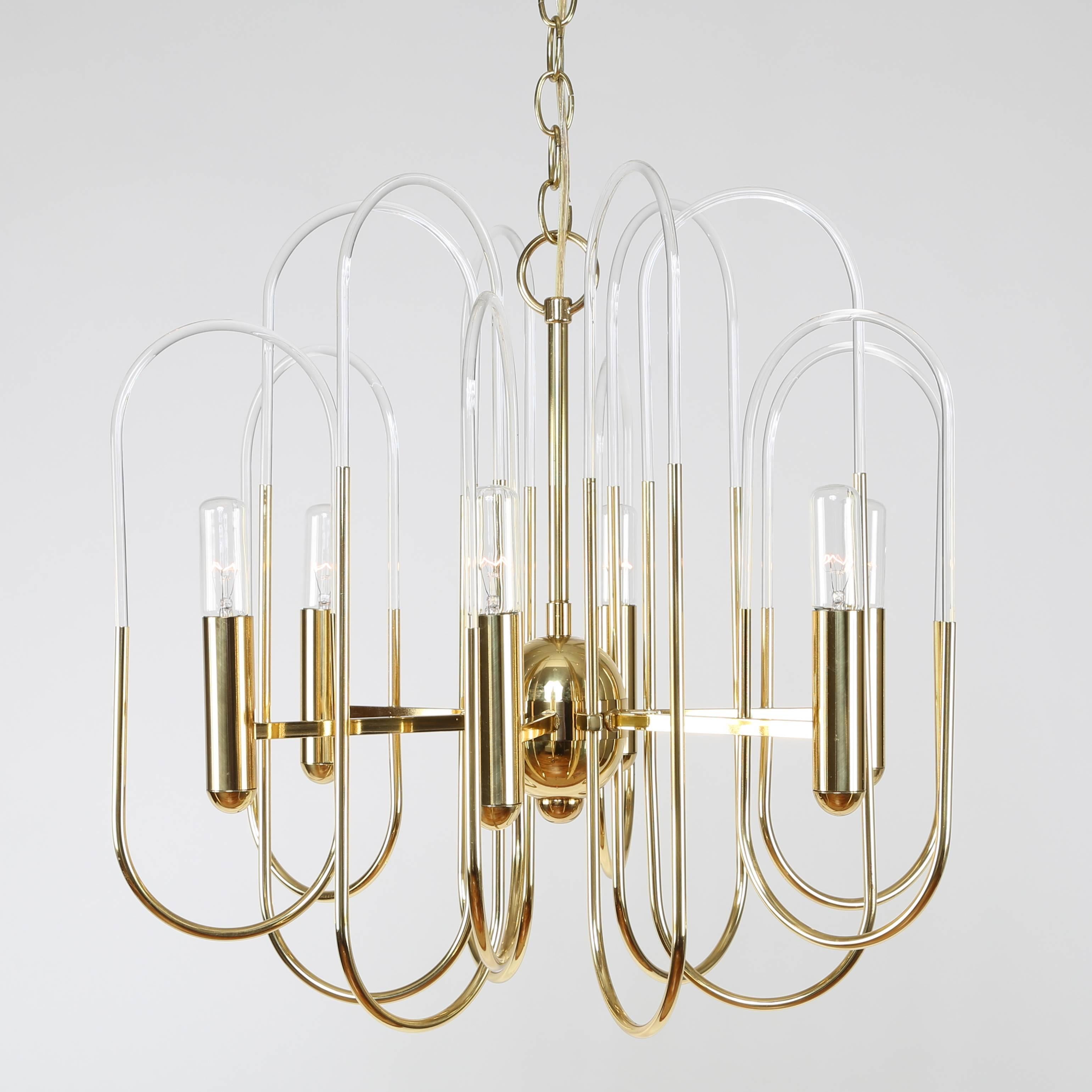 Enrico Profili Brass and Glass Loop Chandelier, Circa 1960s In Good Condition For Sale In Brooklyn, NY