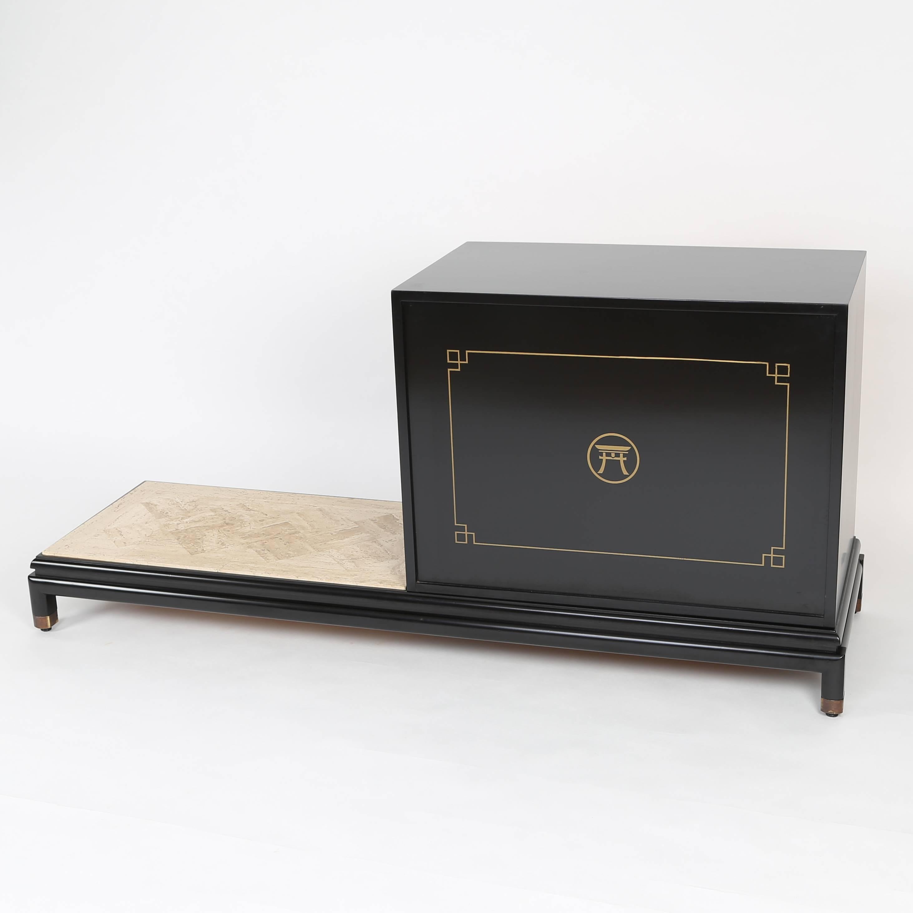 Mid-20th Century Renzo Rutili Cabinet with Bench in Gilt, Black Lacquer & Travertine, Circa 1960s For Sale