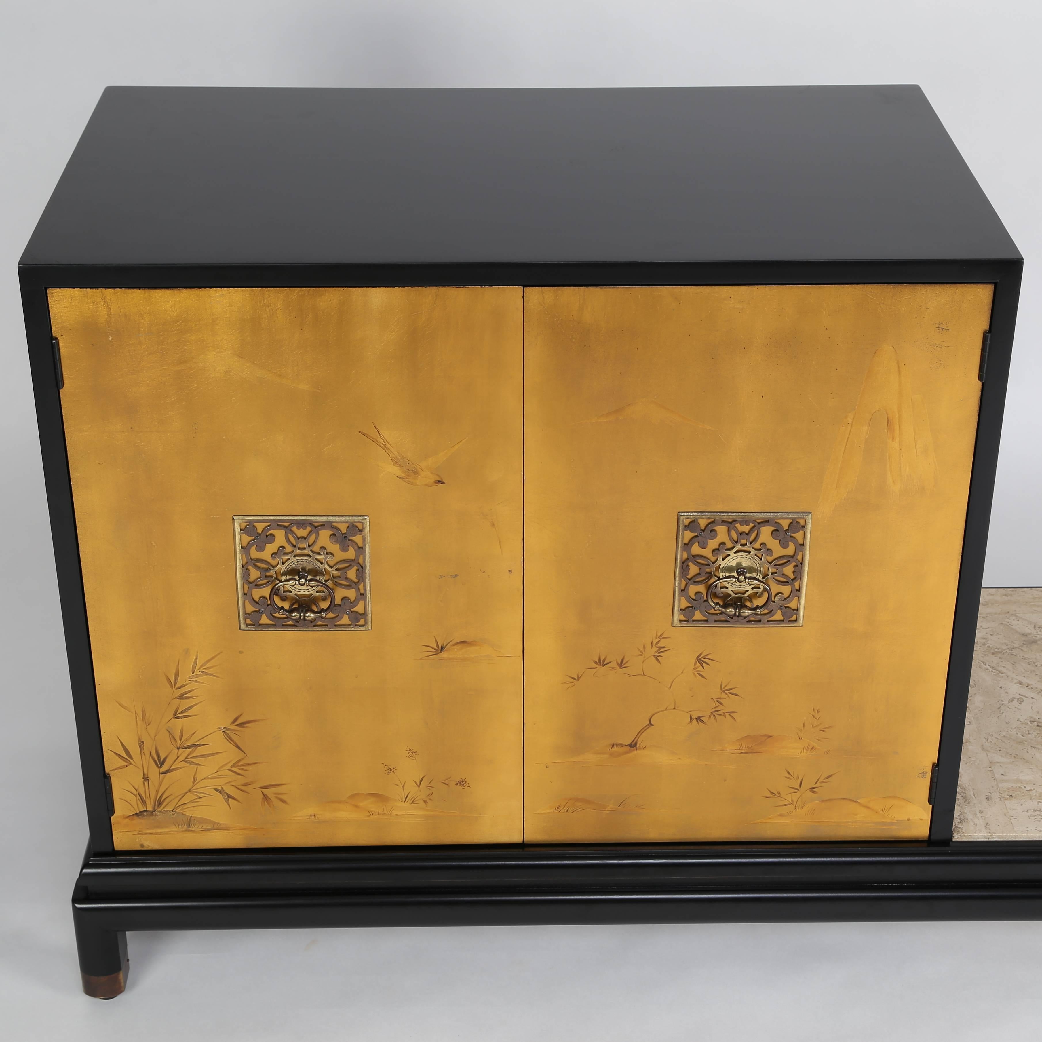 Renzo Rutili Cabinet with Bench in Gilt, Black Lacquer & Travertine, Circa 1960s For Sale 3