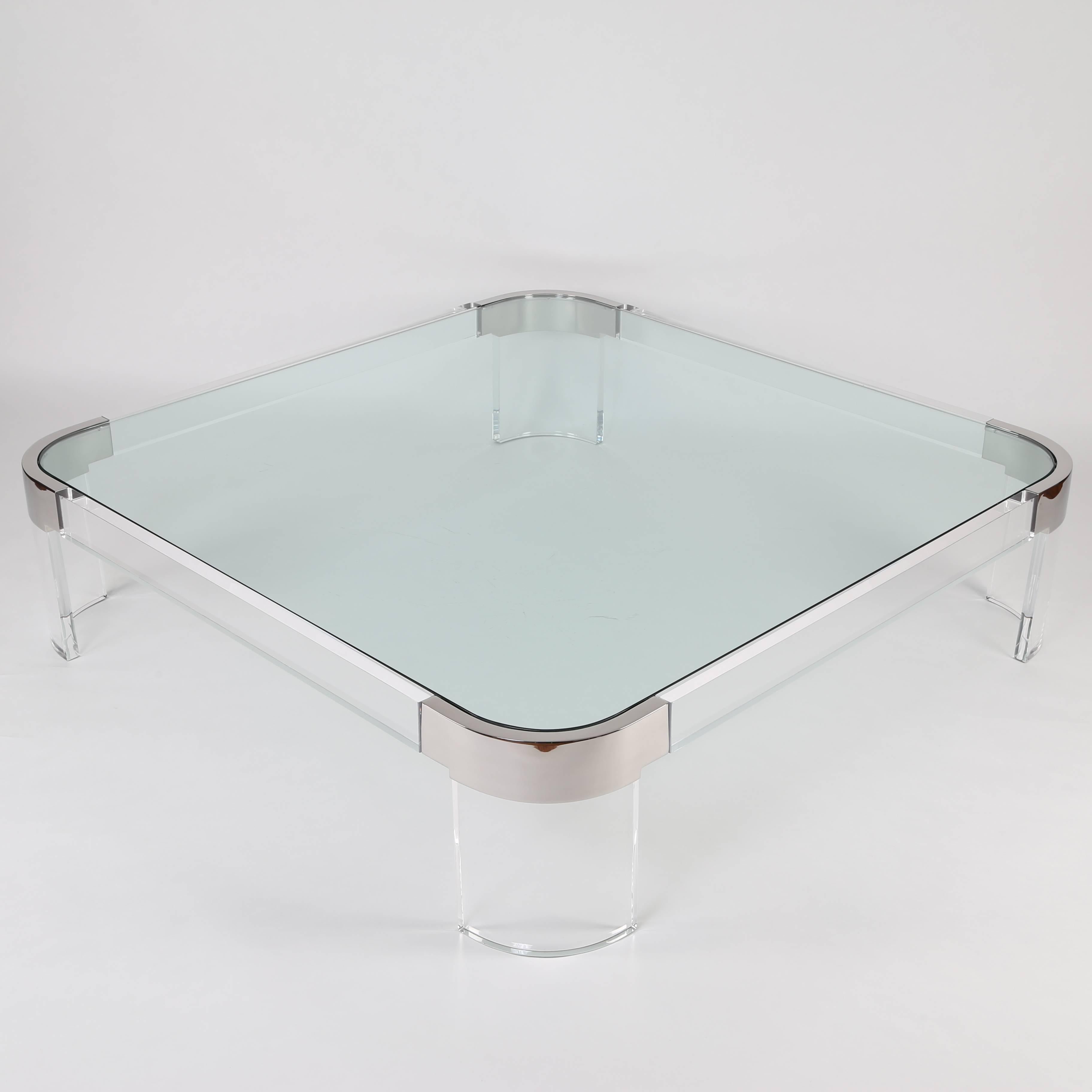 Monumental Charles Hollis Jones Lucite, Steel and Glass Coffee Table In Excellent Condition In Brooklyn, NY