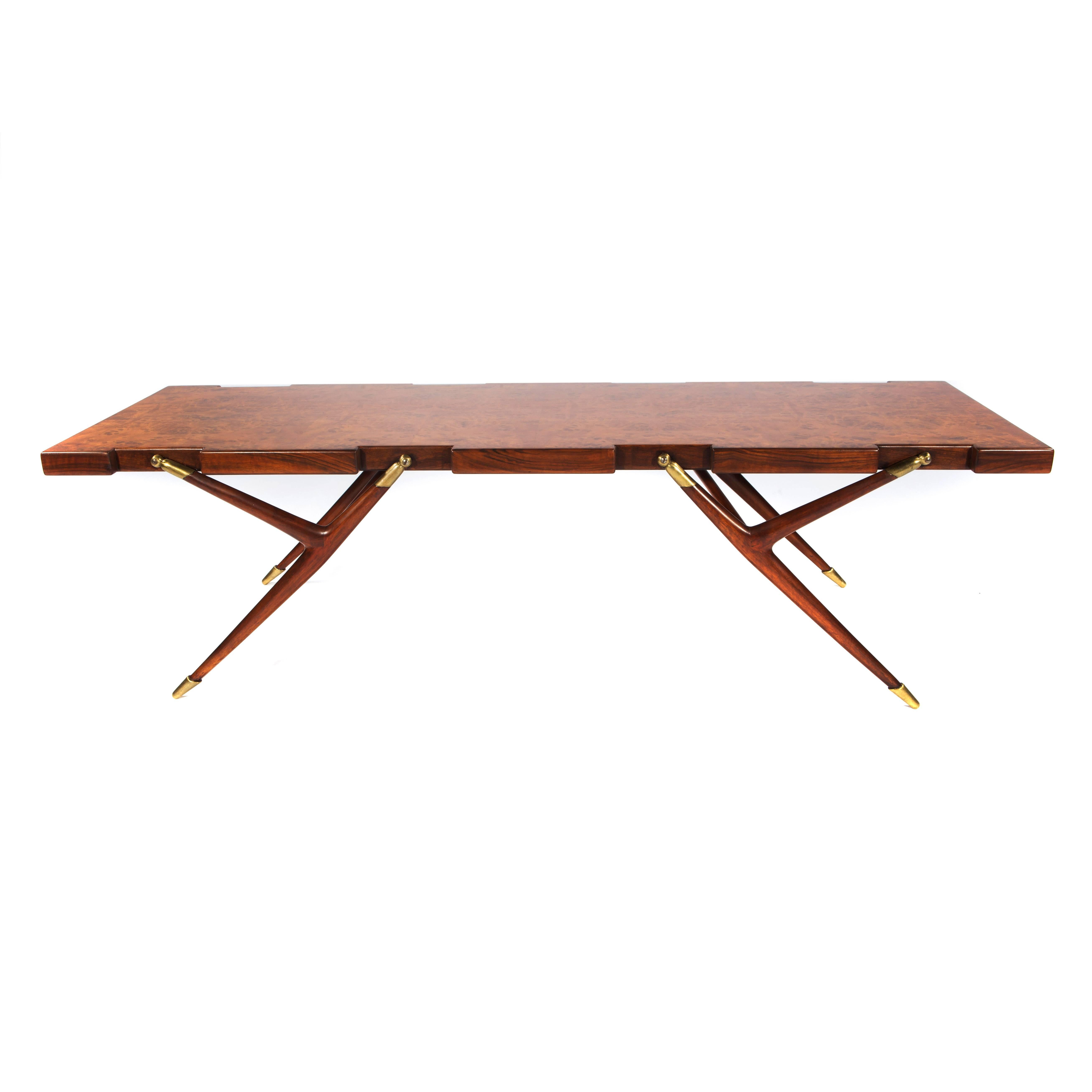 Burl Walnut and Brass 1950s Coffee Table by Ico Parisi for Singer and Sons For Sale