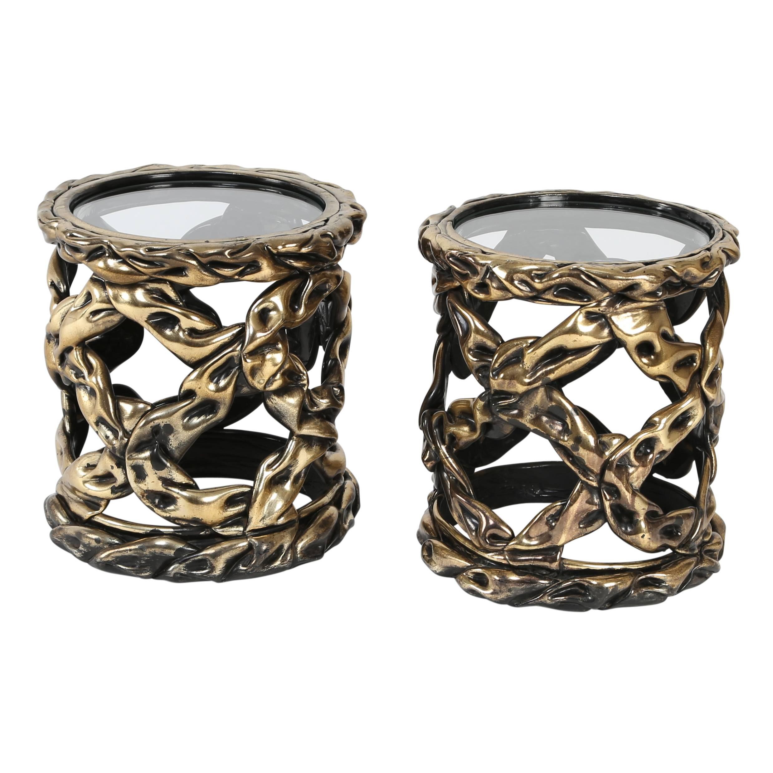 Pair of 1970s "Ribbon" side tables with gold/brass tones and circular glass tops