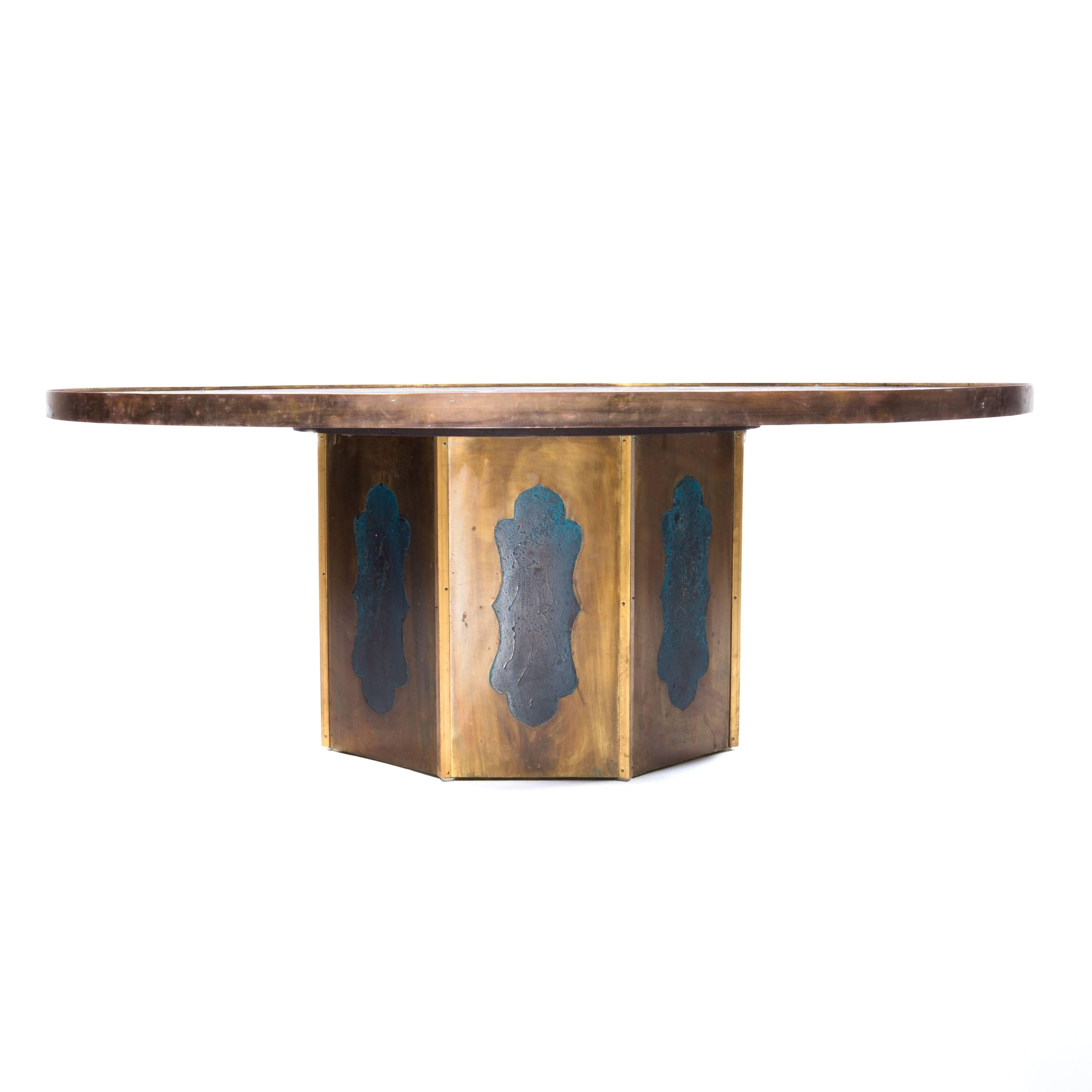 Large, signed Philip and Kelvin LaVerne "Chan" coffee table featuring an acid-etched top of patinated bronze, pewter and enamel depicting a village scene, supported by a weighted, eight-side bronze base with blue-enamelled insets in a