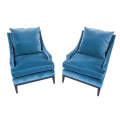Pair of Sloped-Arm Lounge Chairs in Blue Velvet, circa 1960s