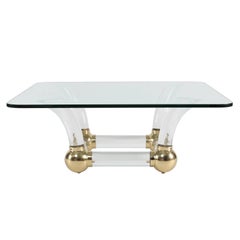 1970s Sabre-Leg Lucite, Brass and Glass Coffee Table