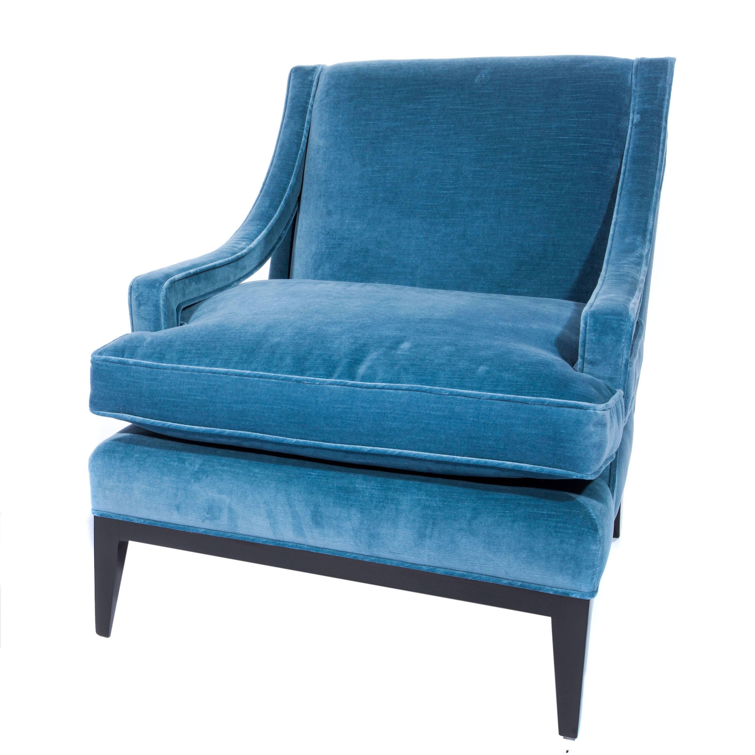 Sloped-Arm Lounge Chair in Blue Velvet, circa 1960s