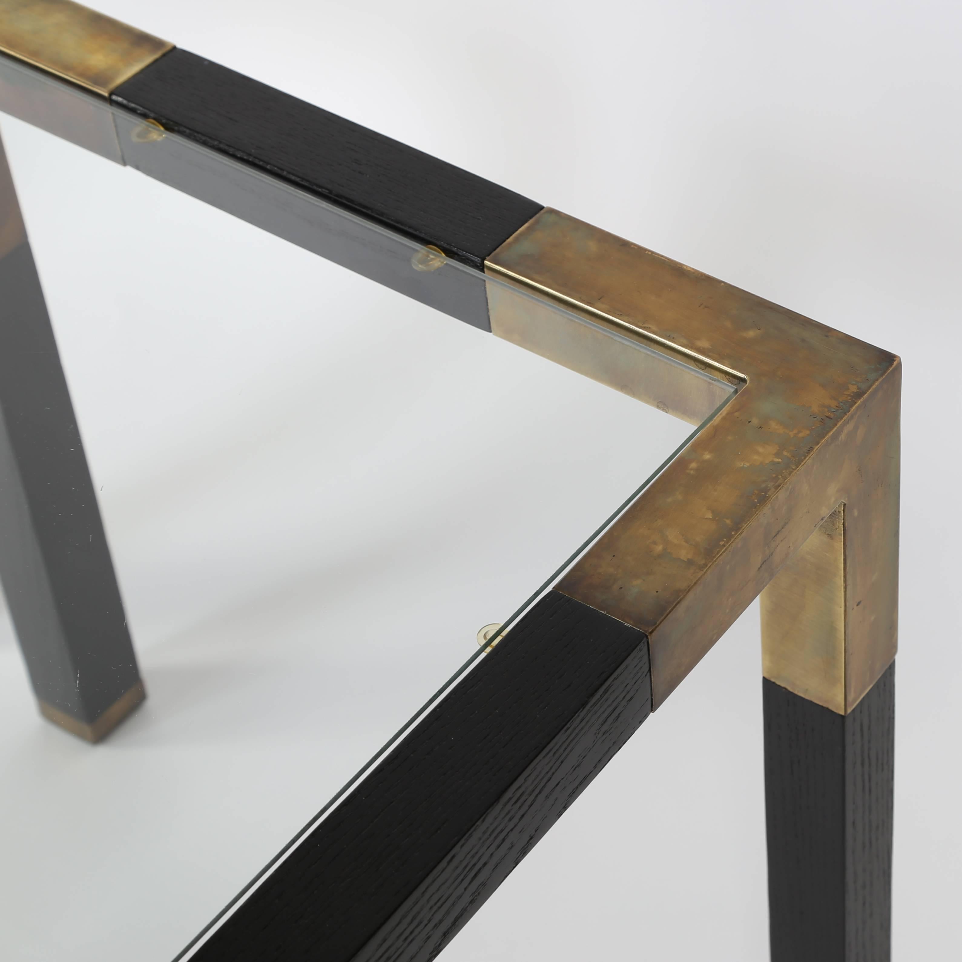Ebonized Pair of Patinated-Brass and Dark-Wood Parsons-Style End Tables, circa 1970s
