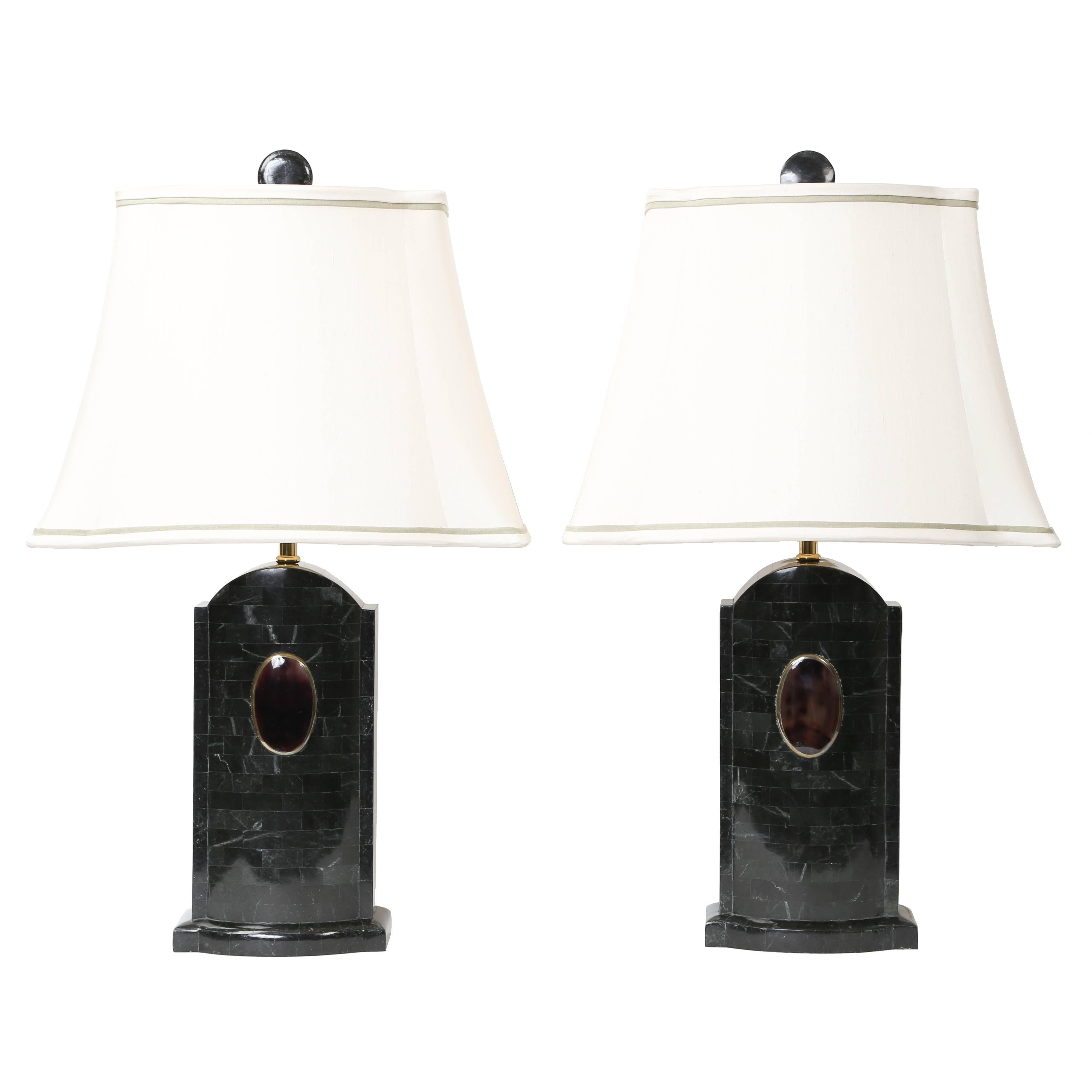 Pair of Maitland Smith Tessellated Stone Lamps, circa 1980s For Sale