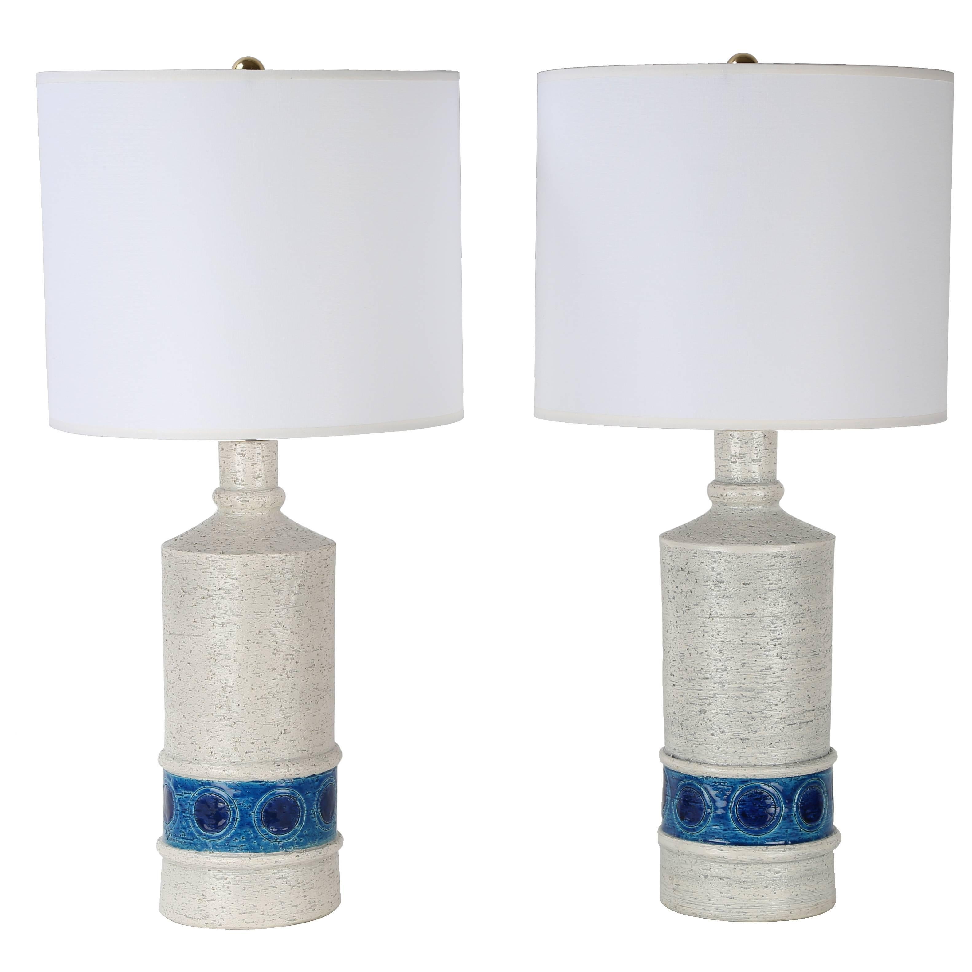 Pair of 1959 Aldo Londi for Bitossi White and Blue Ceramic Lamps