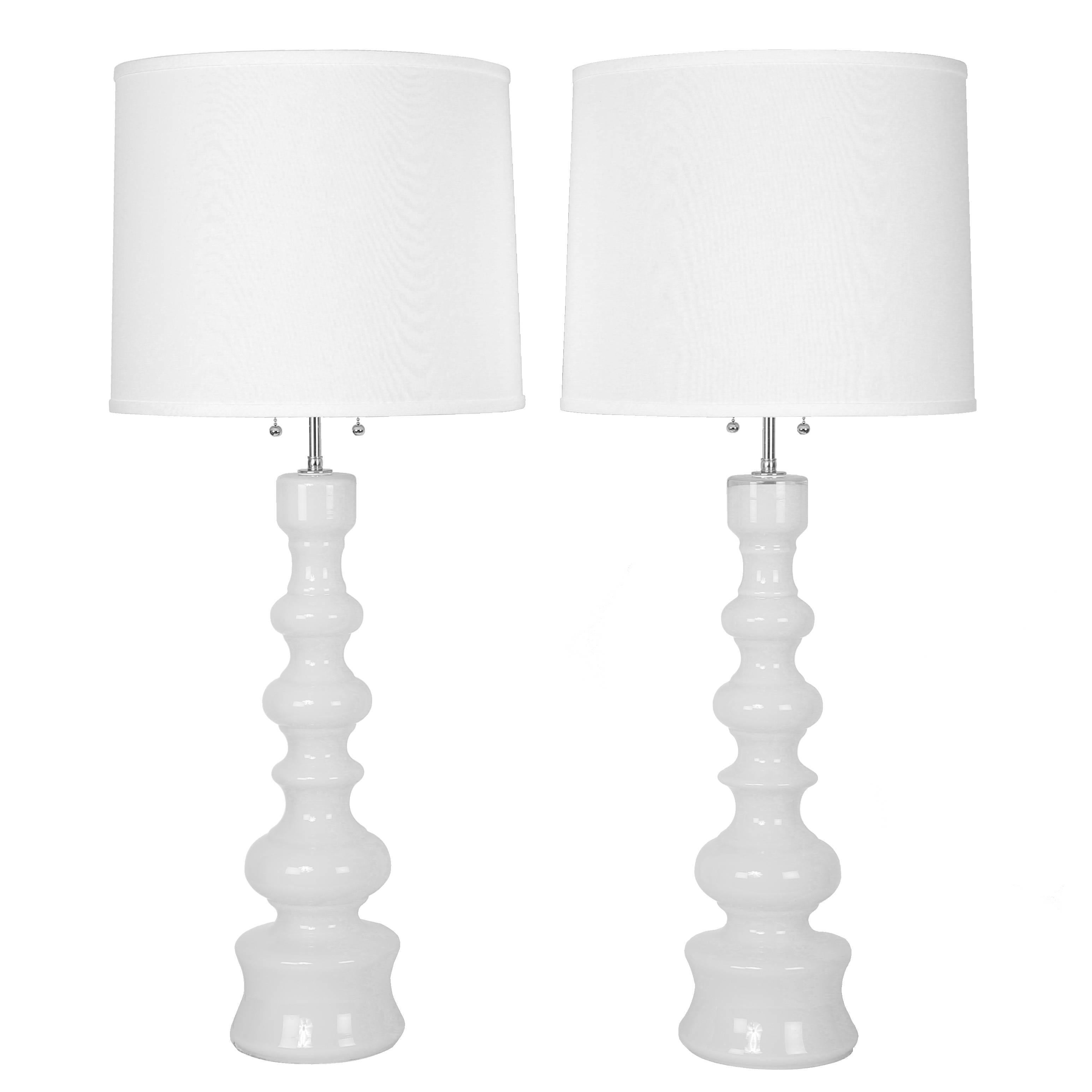 Tall White Glass Table Lamps by Lindshammar Studio of Sweden, circa 1960s For Sale