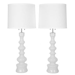 Tall White Glass Table Lamps by Lindshammar Studio of Sweden, circa 1960s