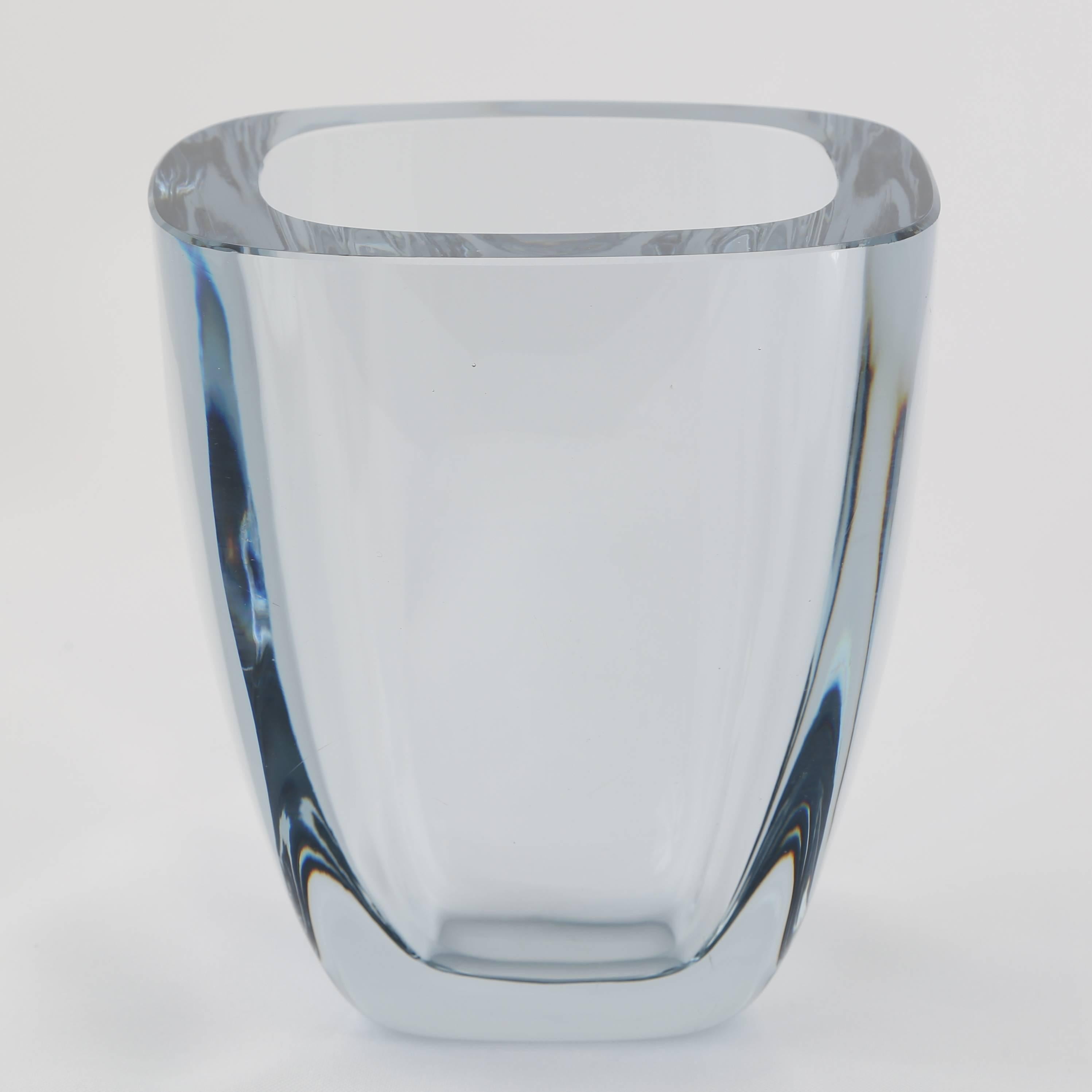Heavy blown rectangular vase with rounded corners in Strombergshyttan's signature blue-silver glass, Sweden, circa 1950s. Etched 