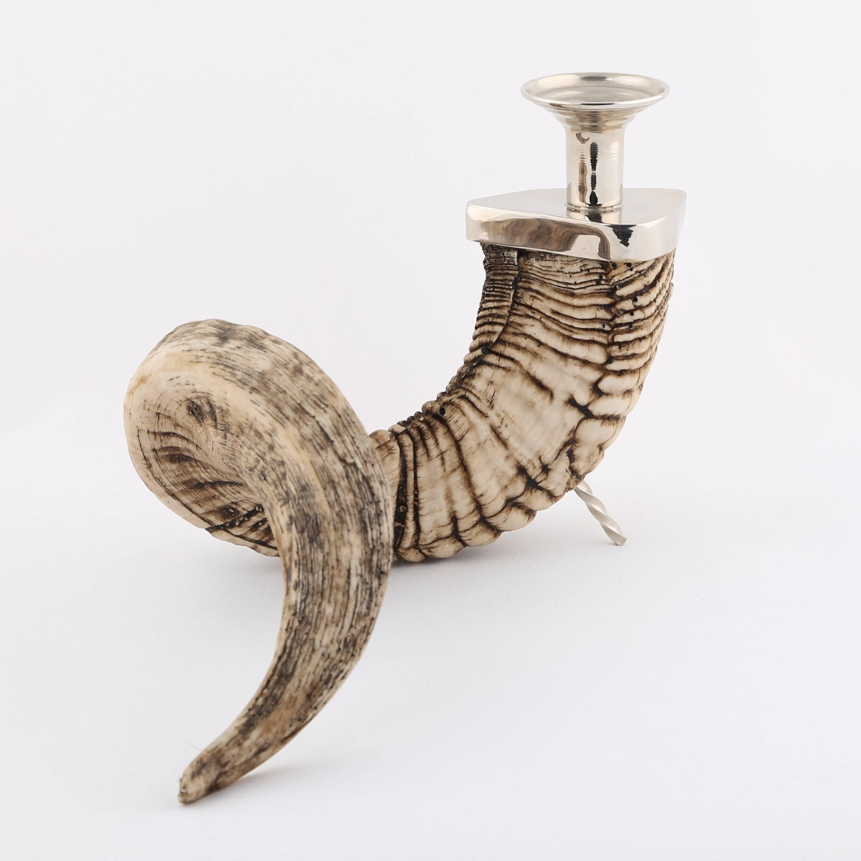 Unknown Ram's Horn Candle Holder with Nickel Fittings, circa 1970s For Sale