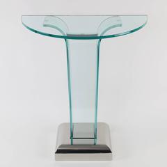 Bent-Glass Demilune Console Table with Stainless Steel Base, circa 1970s