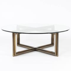 Bronze X-Base Coffee Table with Round Glass Top, circa 1970s