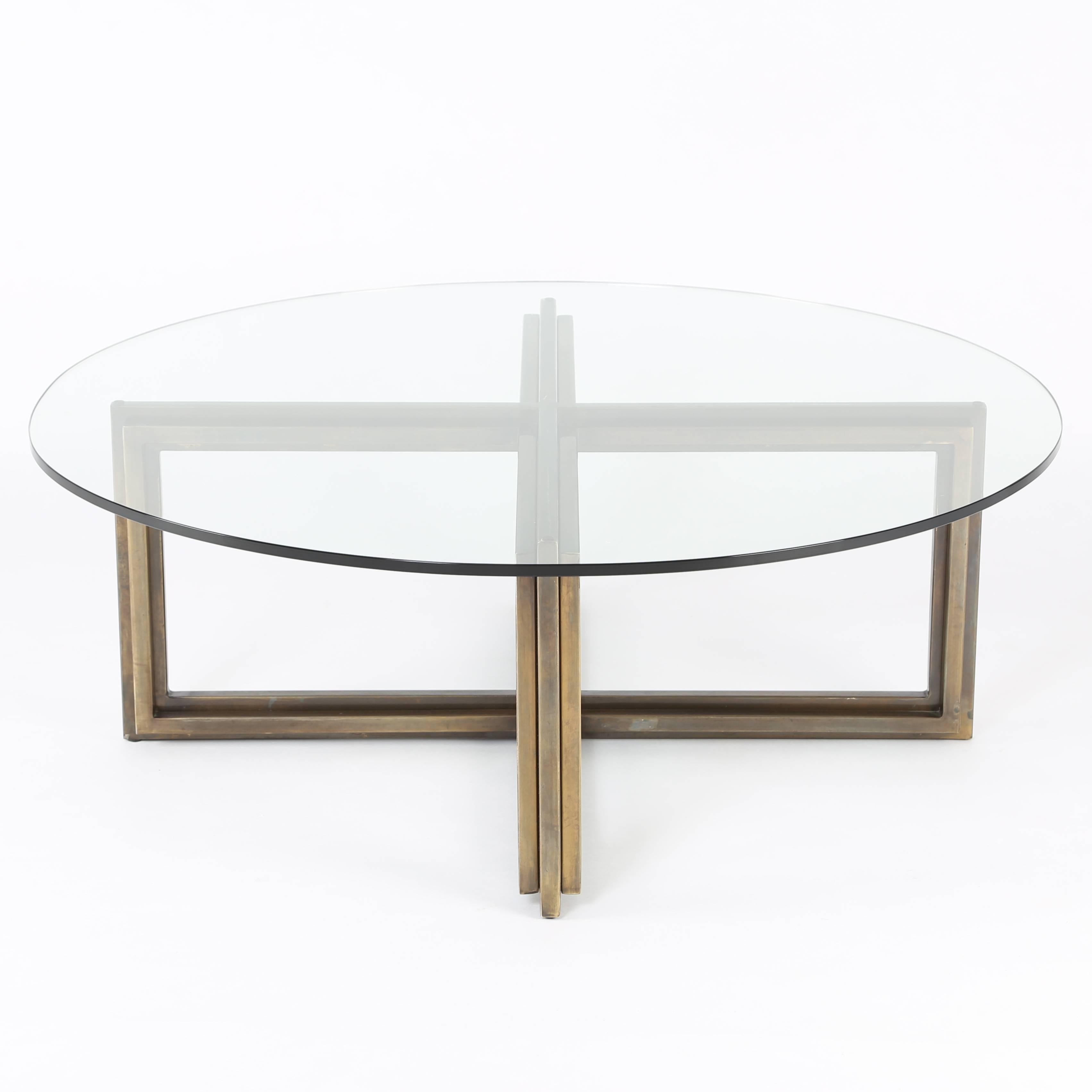 Unknown Bronze X-Base Coffee Table with Round Glass Top, circa 1970s
