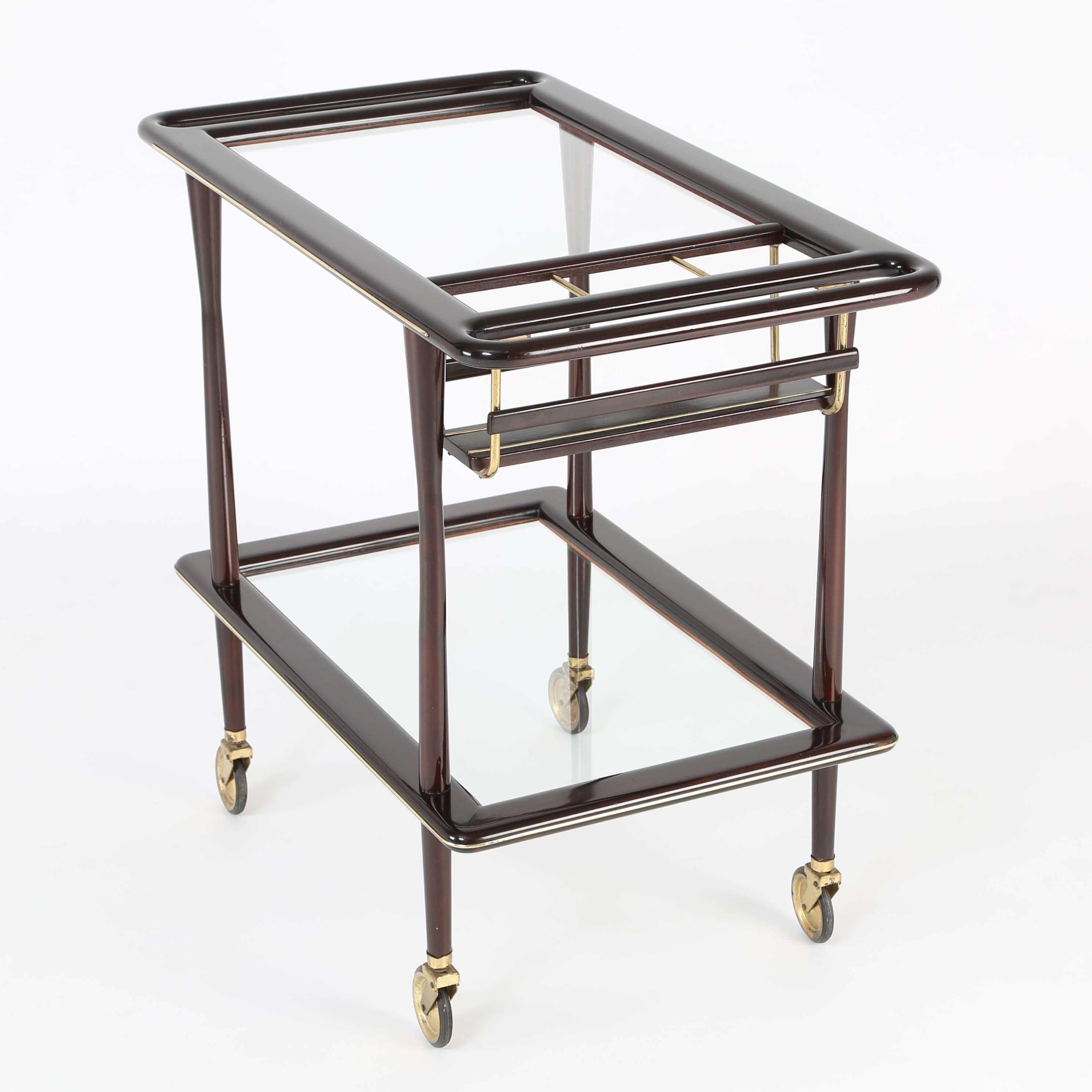 Mid-20th Century 1950s Italian Bar Cart in Polished Mahogany, Brass and Glass