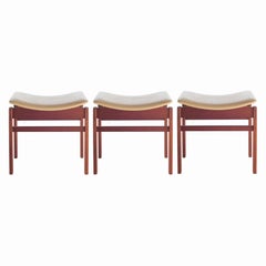 Set of Three Walnut and Leather Stools by Jens Risom, circa 1950s