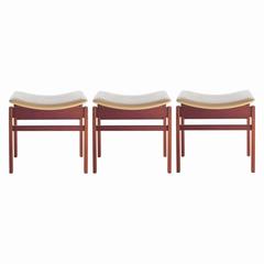 Set of Three Walnut and Leather Stools by Jens Risom, circa 1950s 8