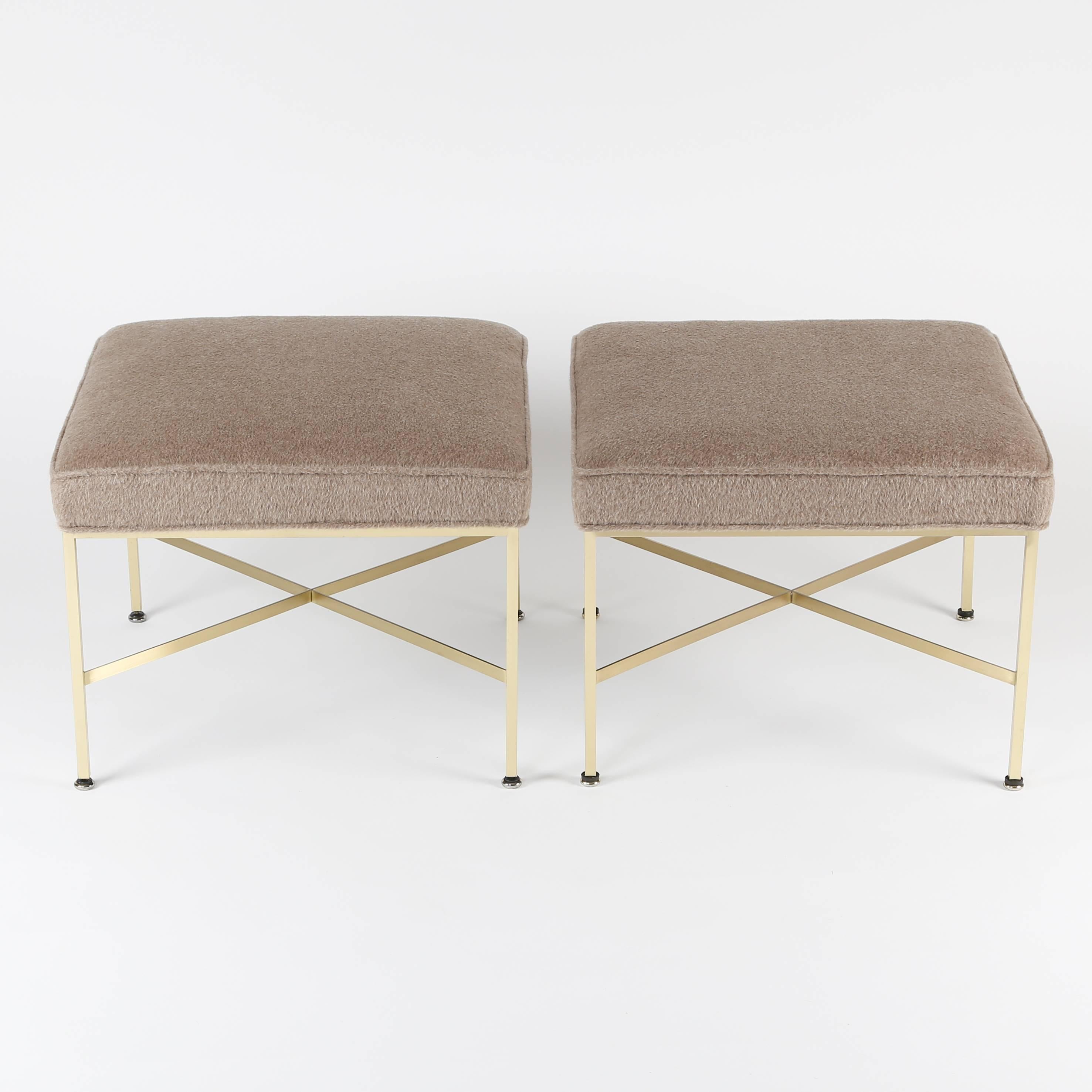 Pair of 1950s Paul McCobb X-Base Brass Stools with Luxe Upholstery In Excellent Condition In Brooklyn, NY
