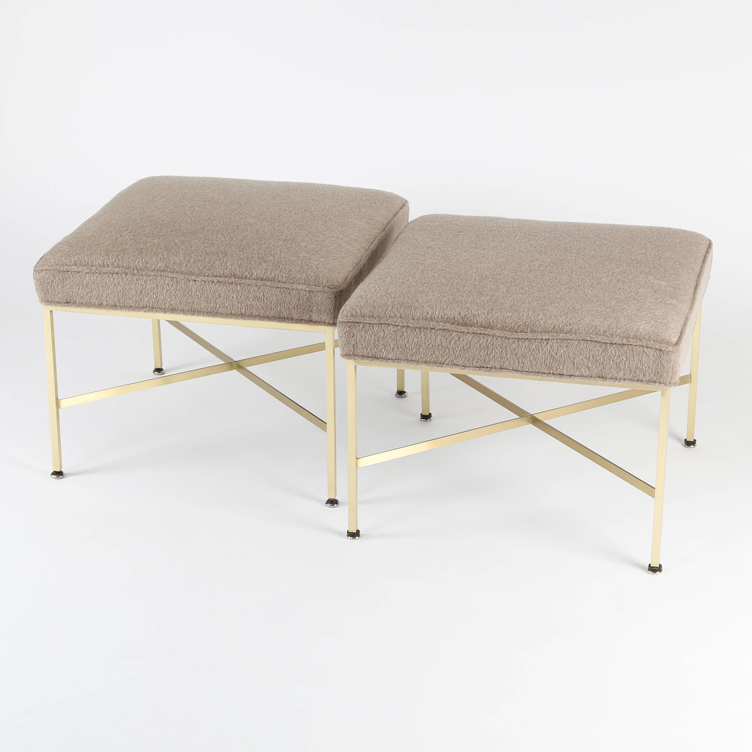 American Pair of 1950s Paul McCobb X-Base Brass Stools with Luxe Upholstery