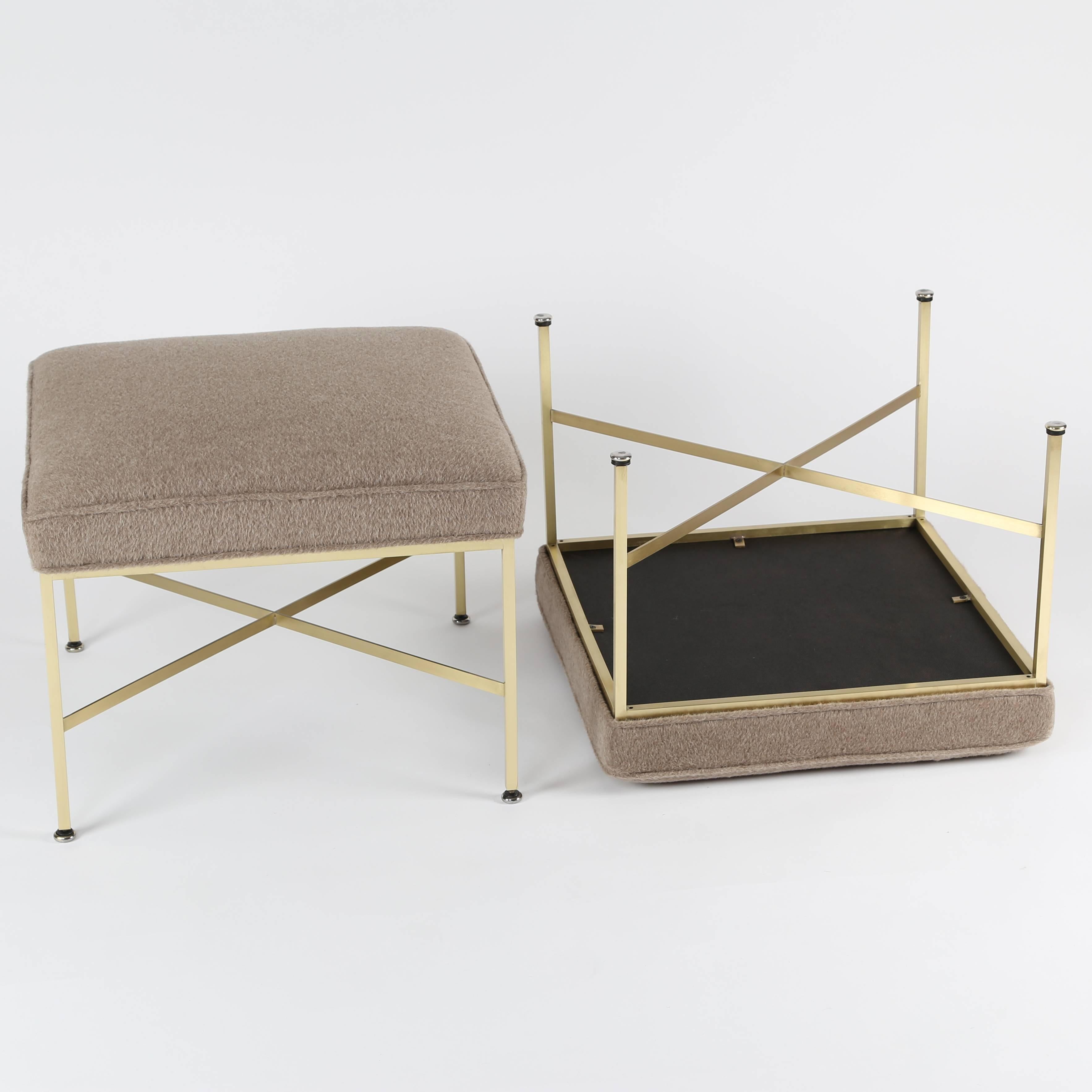 Mid-20th Century Pair of 1950s Paul McCobb X-Base Brass Stools with Luxe Upholstery