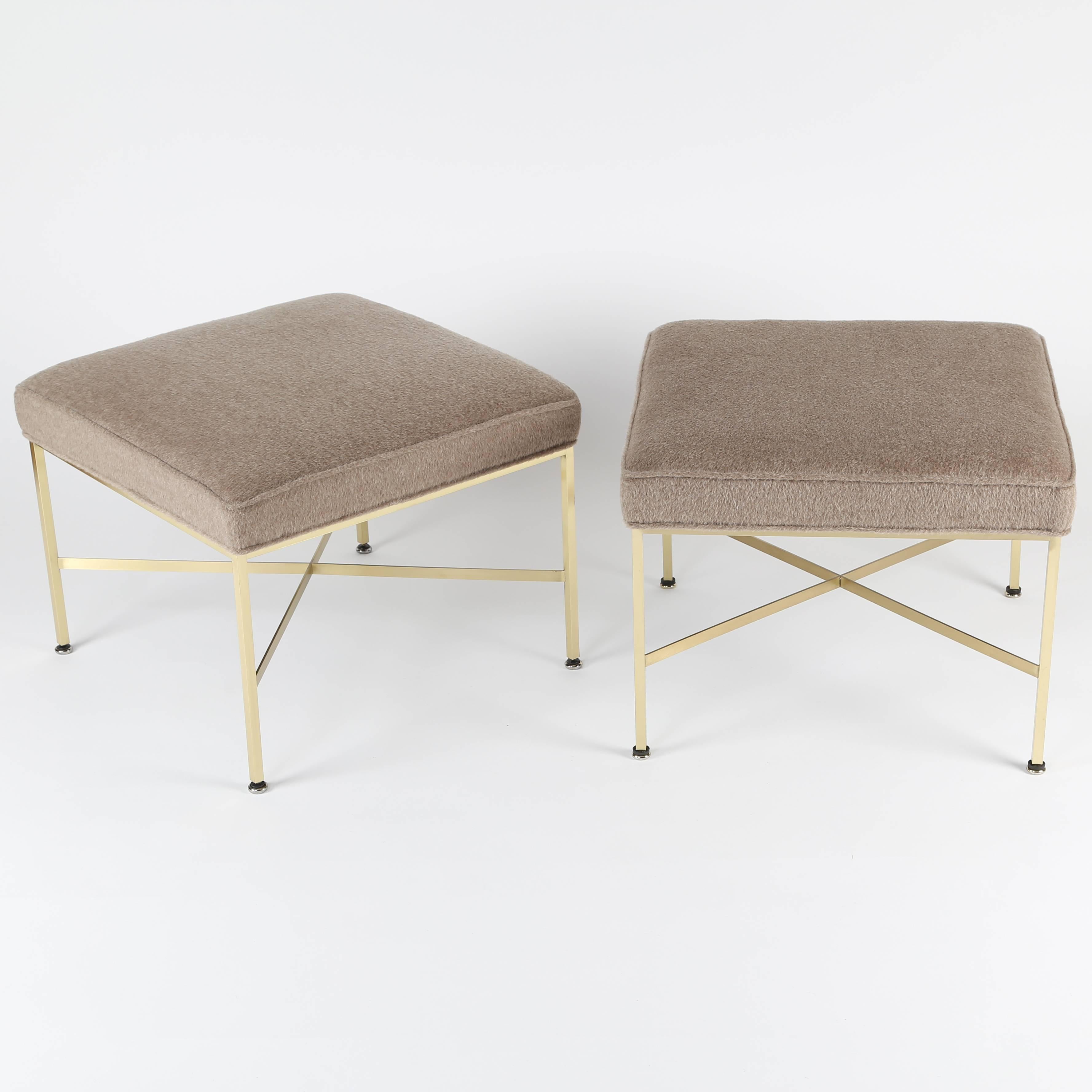Lacquered Pair of 1950s Paul McCobb X-Base Brass Stools with Luxe Upholstery