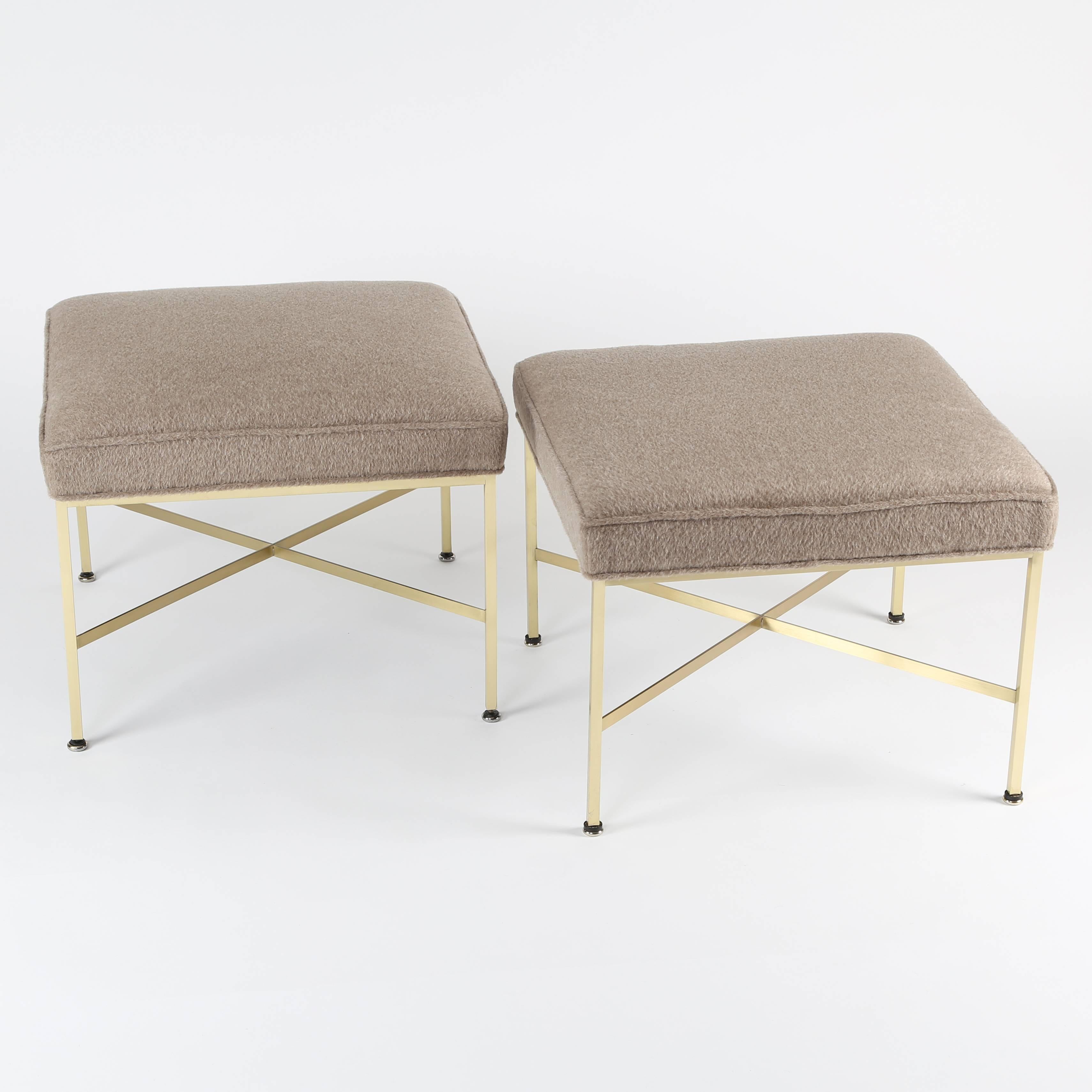 Paul McCobb for Calvin Furniture X-base stool with square tubular brass frames, flat brass stretchers and new luxurious virgin wool and mohair upholstery. Fabric swatch available. 


