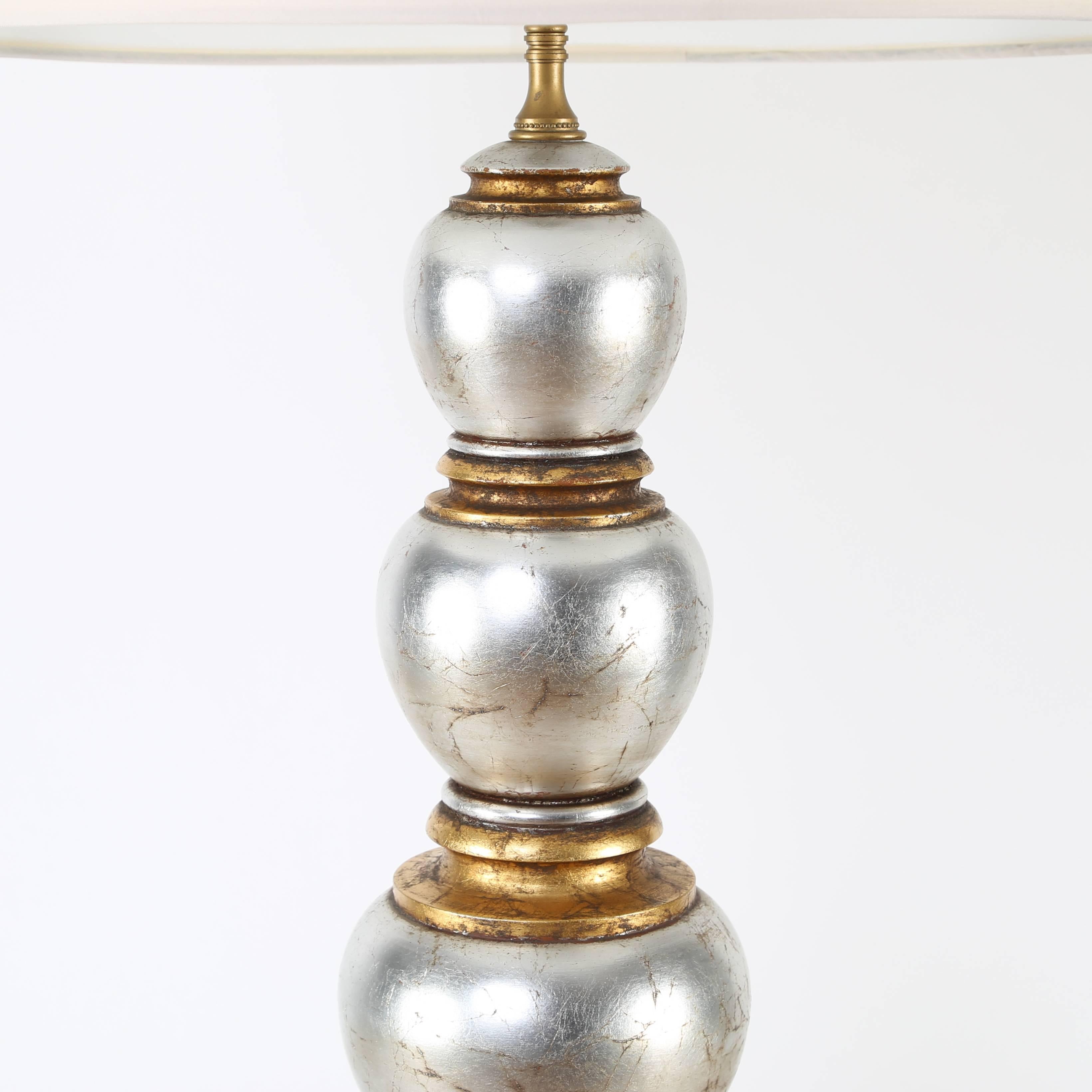 American Glam Silver and Gold Leaf Table Lamp, circa 1940s For Sale