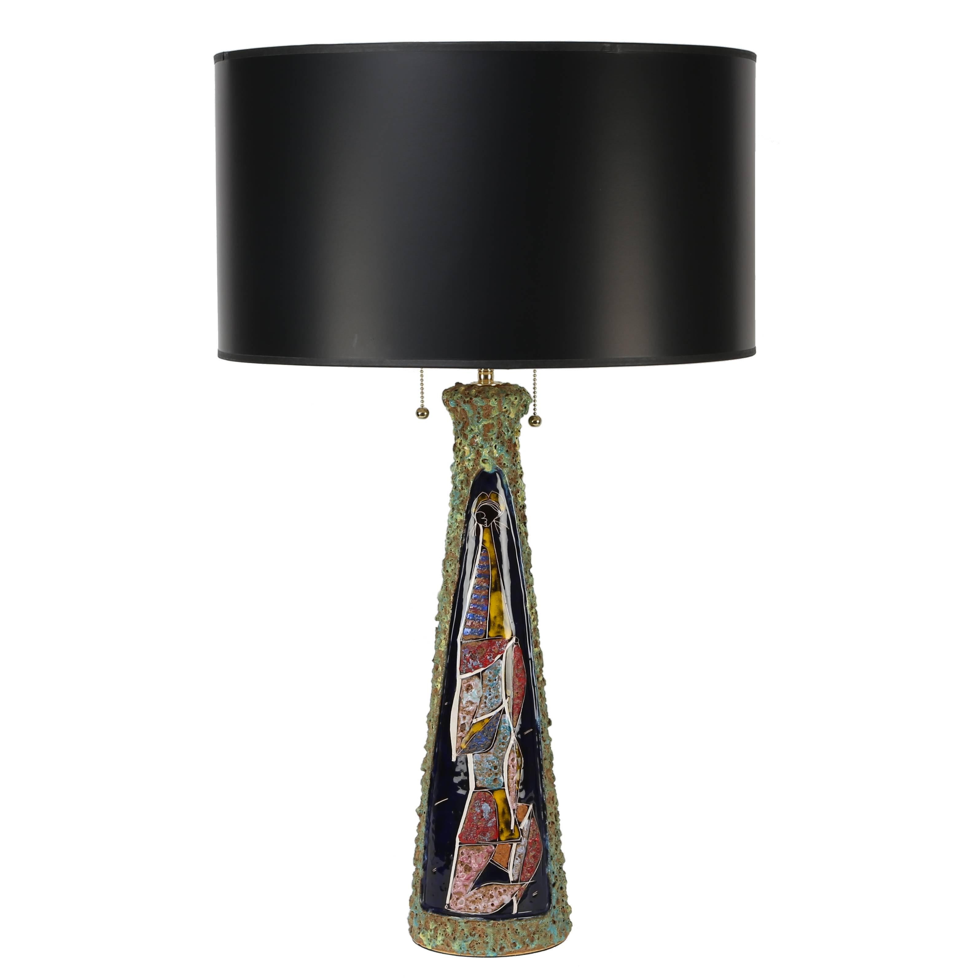 Modern Italian 1960s Multi-Colored Ceramic Table Lamp With Incised Figure