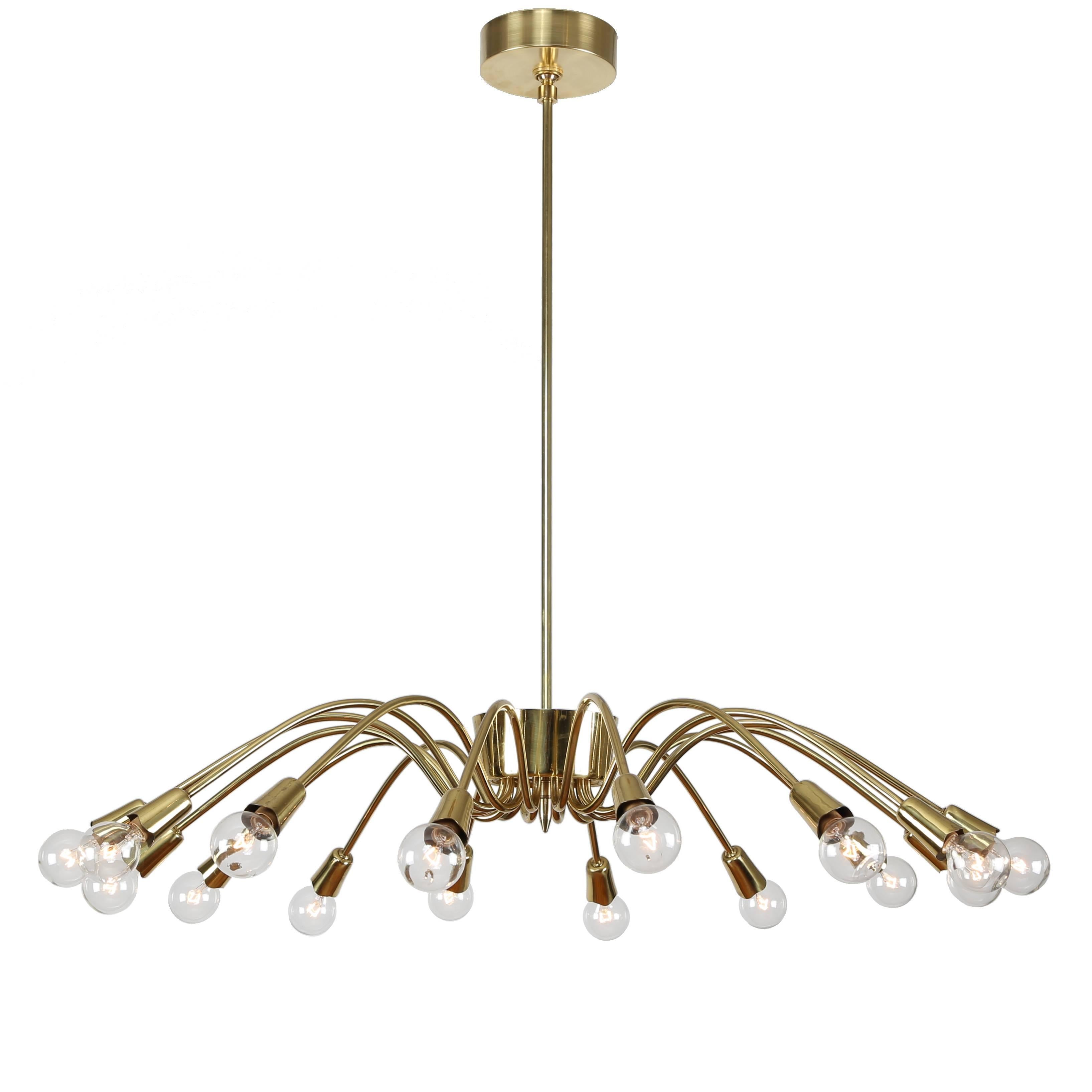 Striking 16-arm Italian brass spider chandelier, circa 1950s. Rewired. Brass polished and waxed, so the brass will age gradually. Without bulbs 32" in diameter x 30" height. 

See this item in our Brooklyn showroom, 61 Greenpoint Ave.,