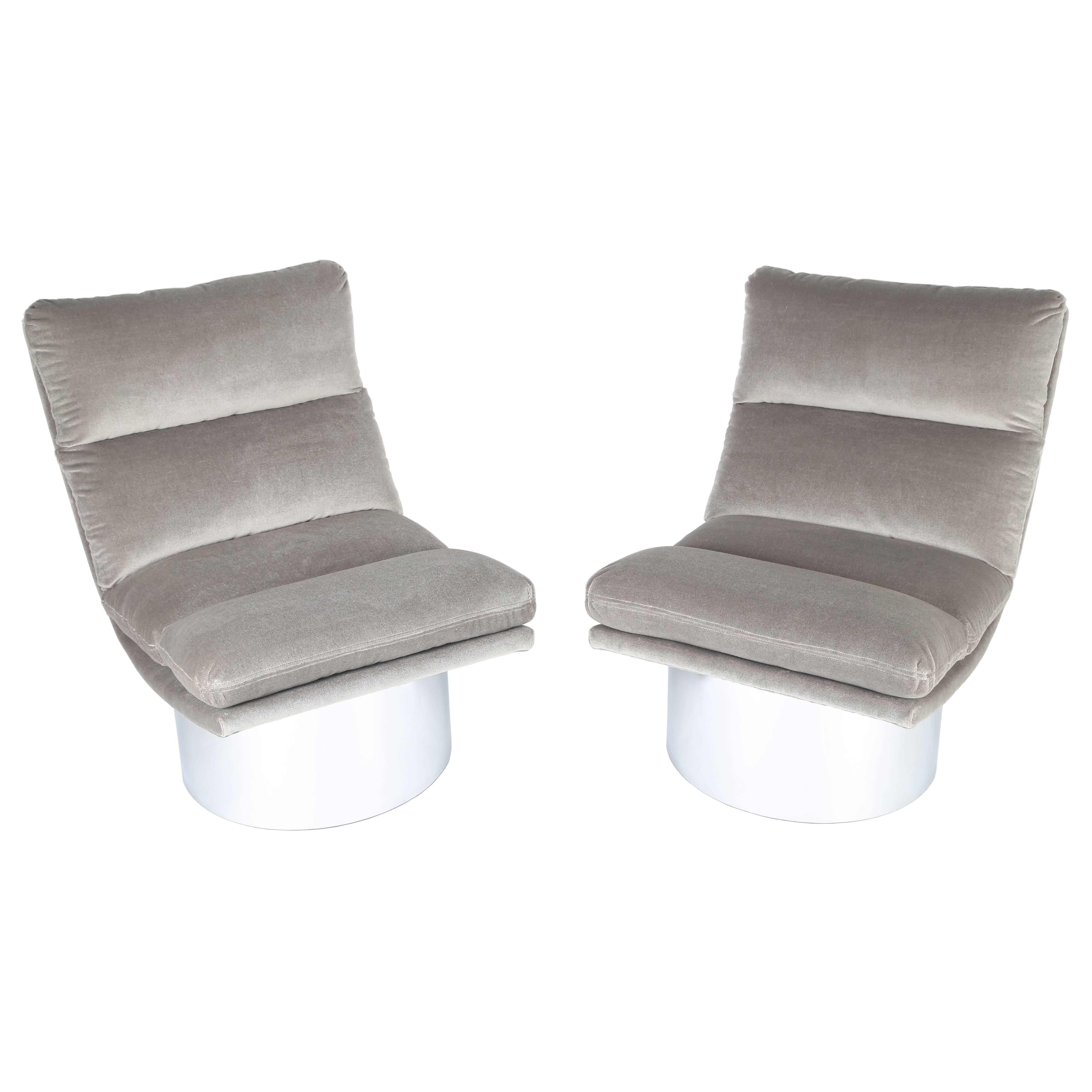 Chrome-Base Swivel Lounge Chairs in Mohair