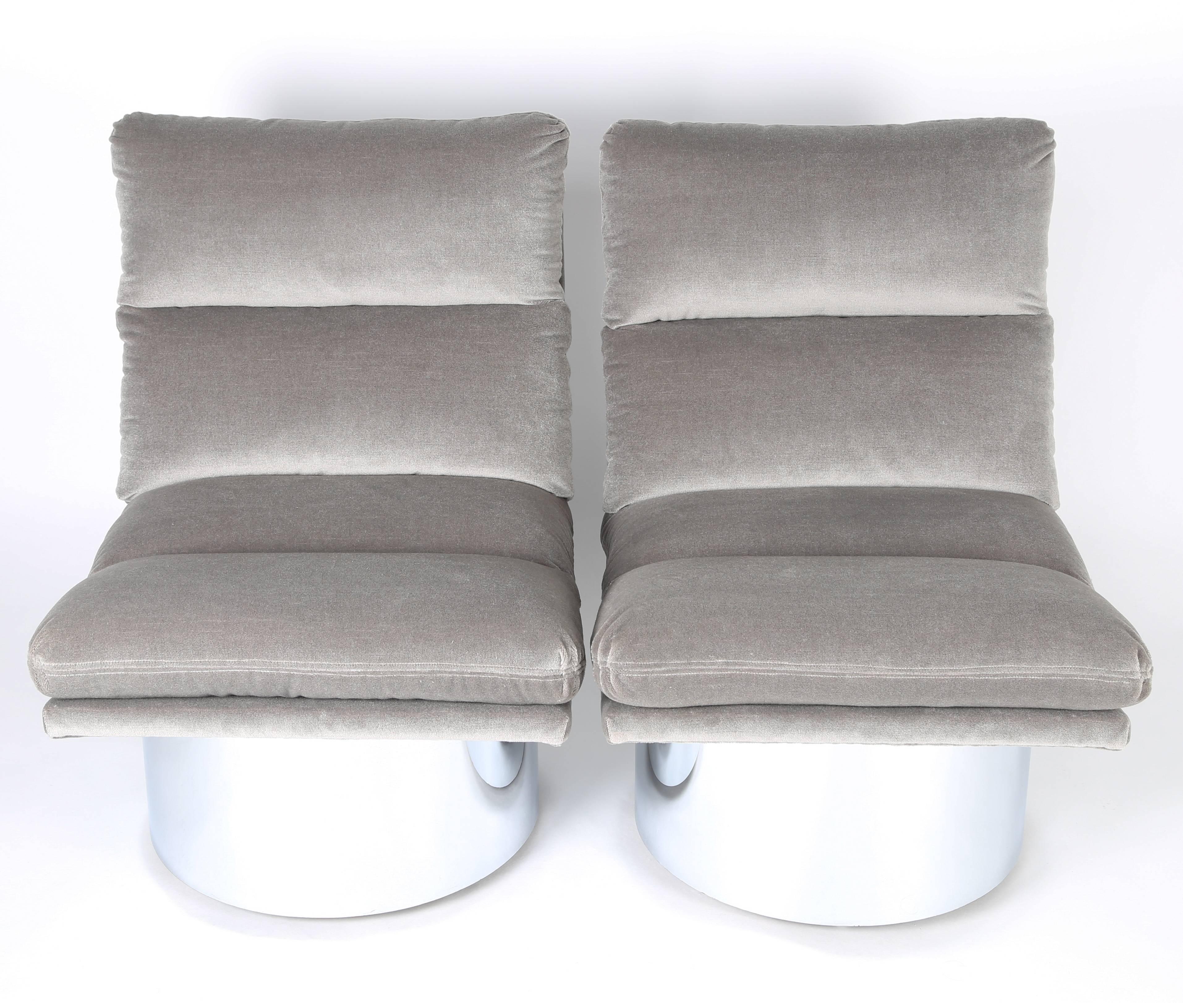 Chrome-Base Swivel Lounge Chairs in Mohair 1