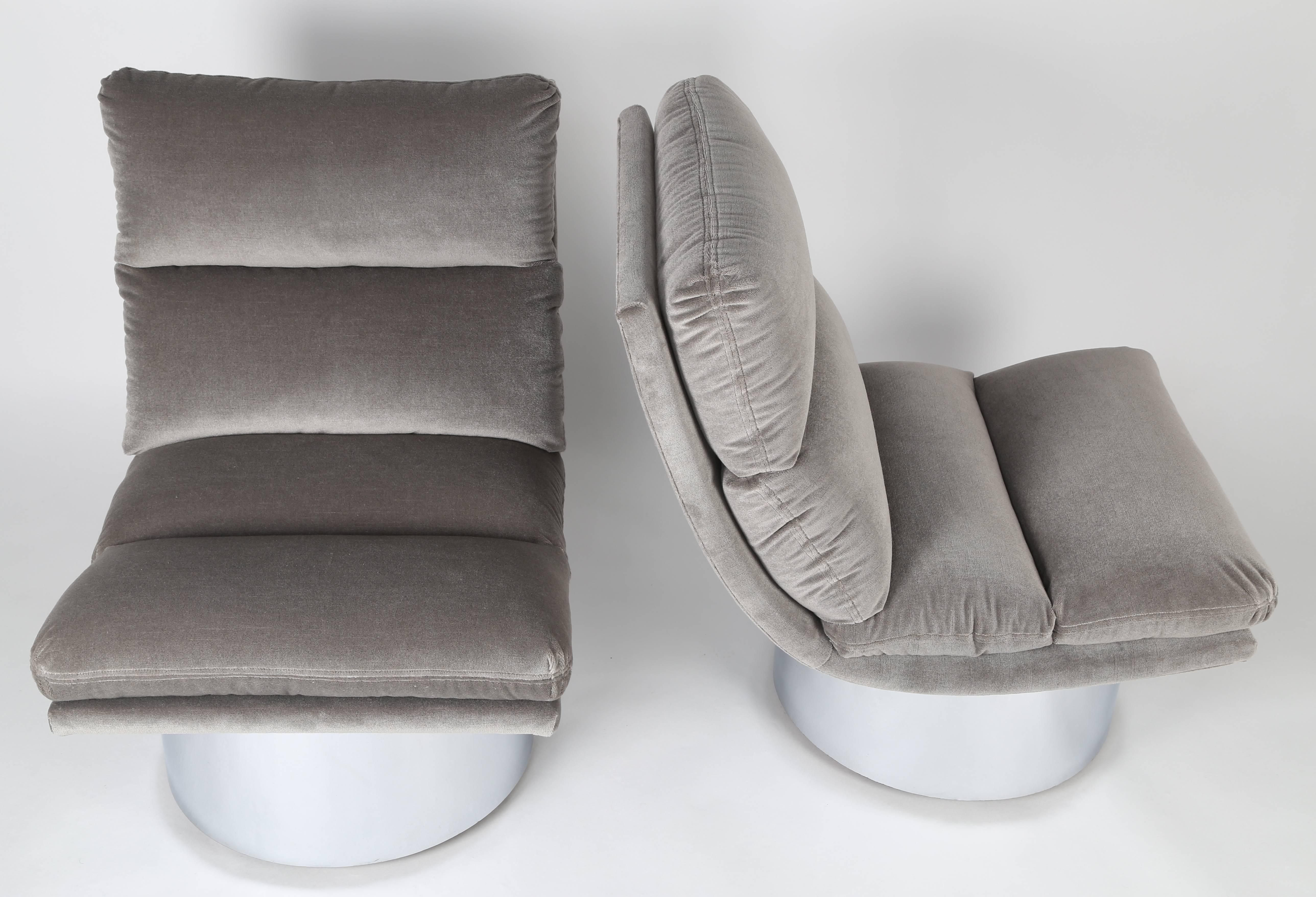 Late 20th Century Chrome-Base Swivel Lounge Chairs in Mohair