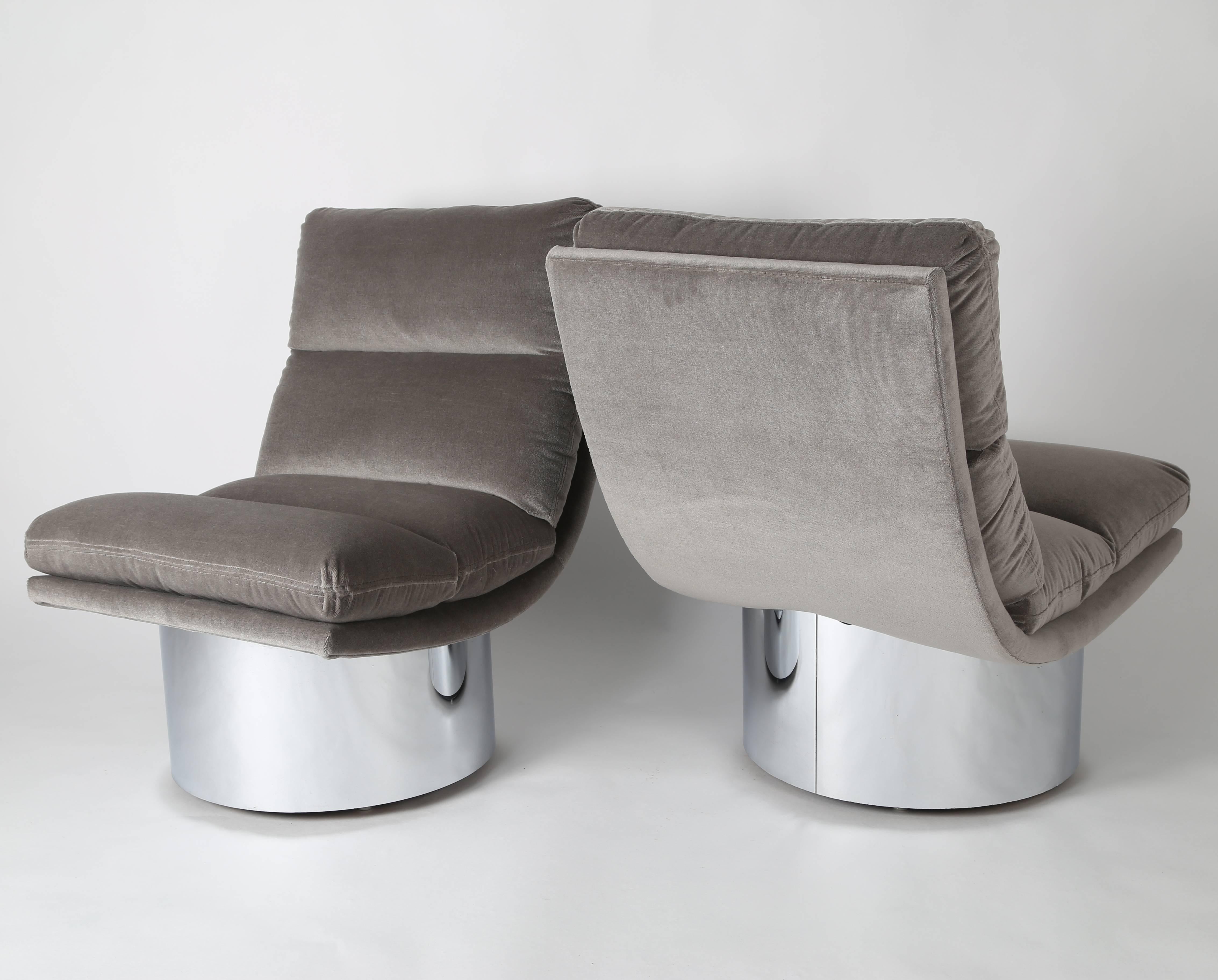 Polished Chrome-Base Swivel Lounge Chairs in Mohair