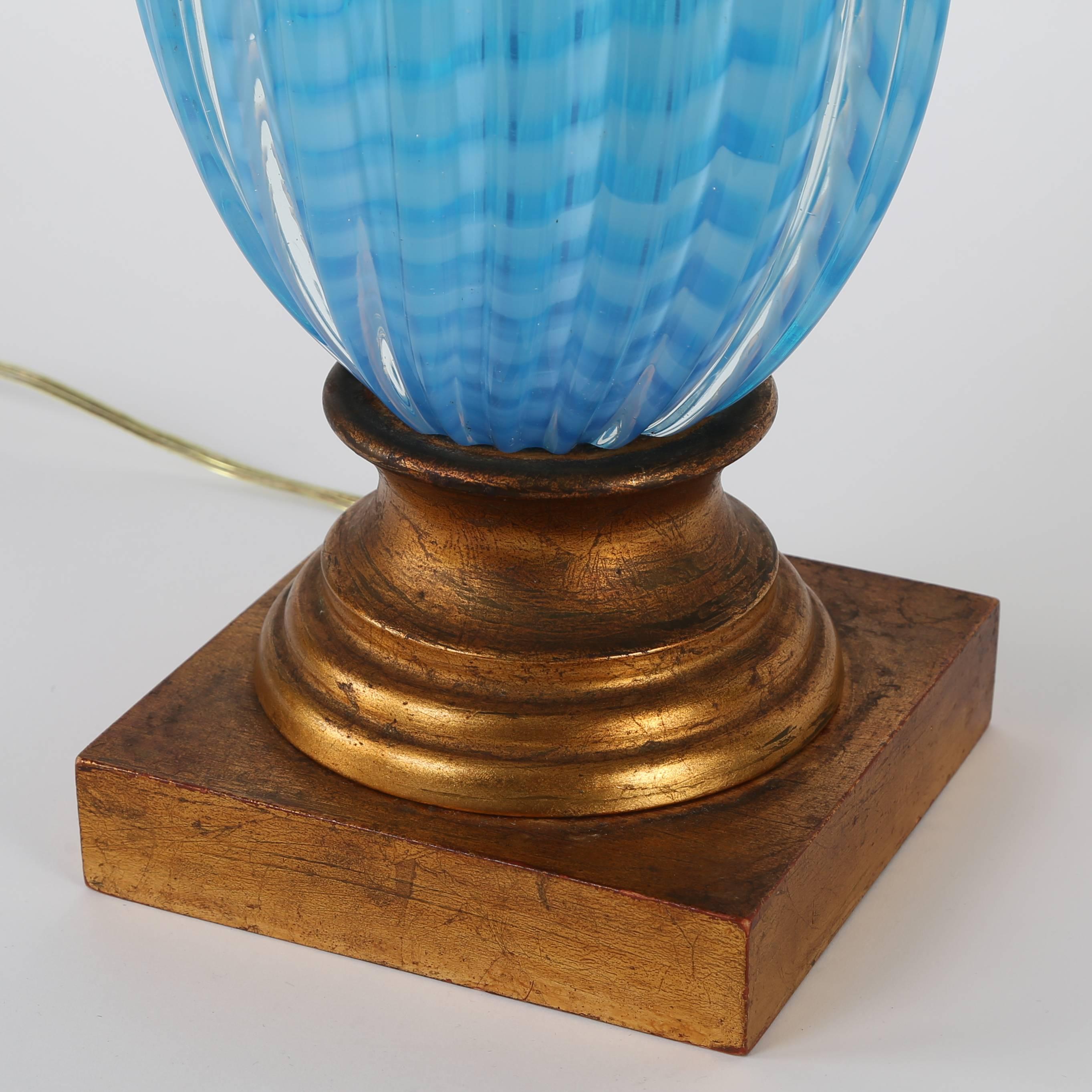 Mid-20th Century 1950s Murano Blue Glass Table Lamp on Gilt Base