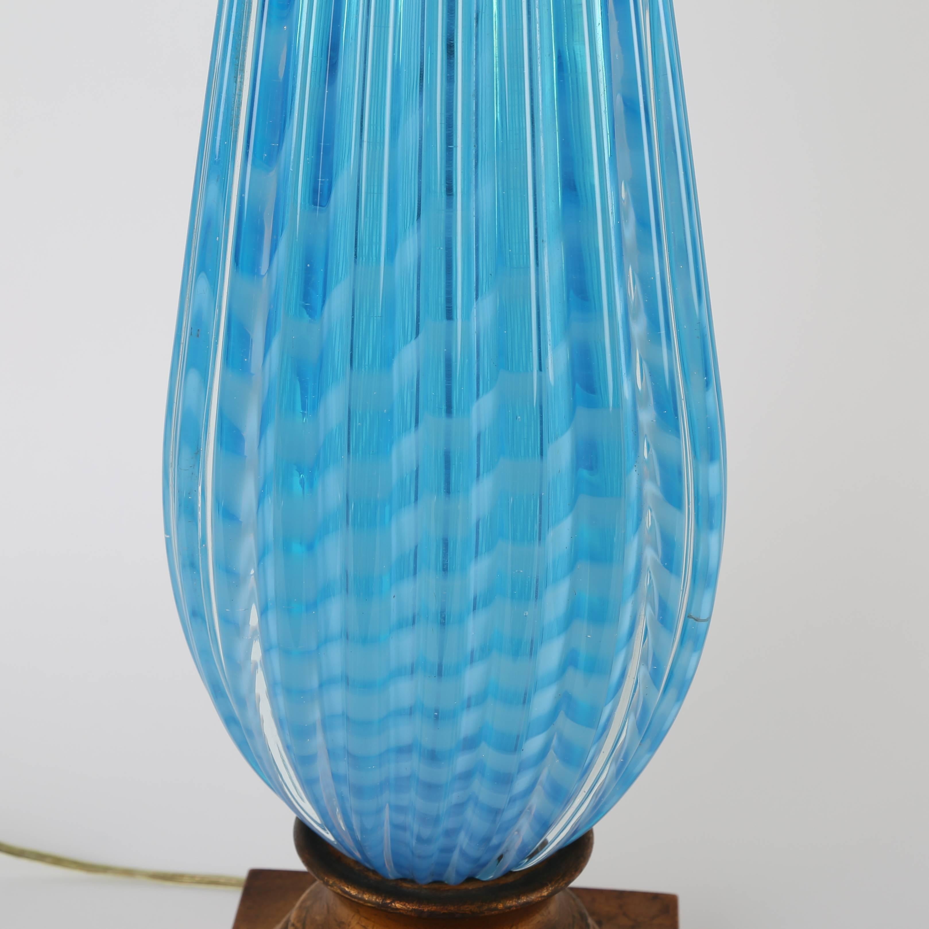 1950s Murano Blue Glass Table Lamp on Gilt Base In Good Condition In Brooklyn, NY