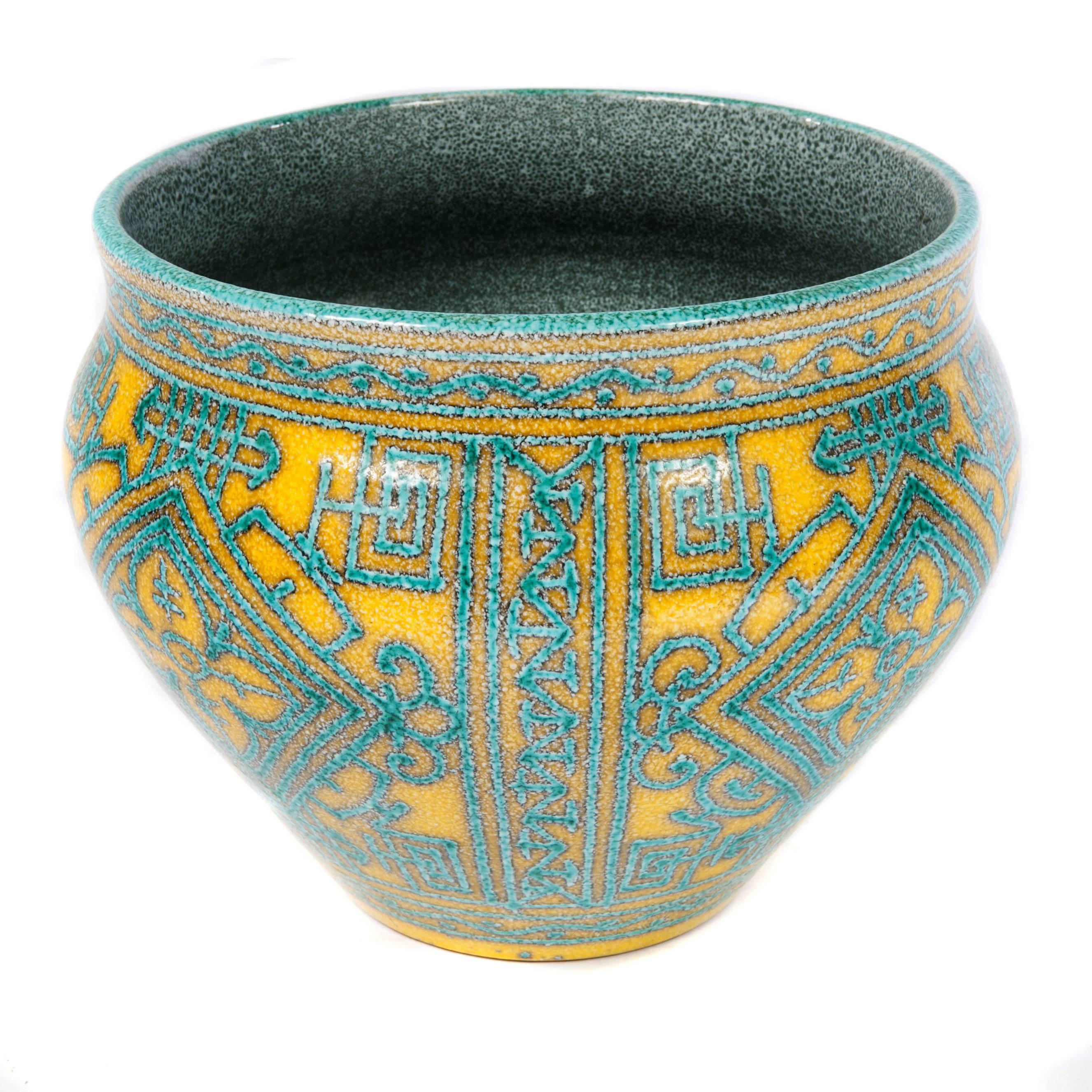 Ceramic Yellow, Turquoise and Blue Italian Vase